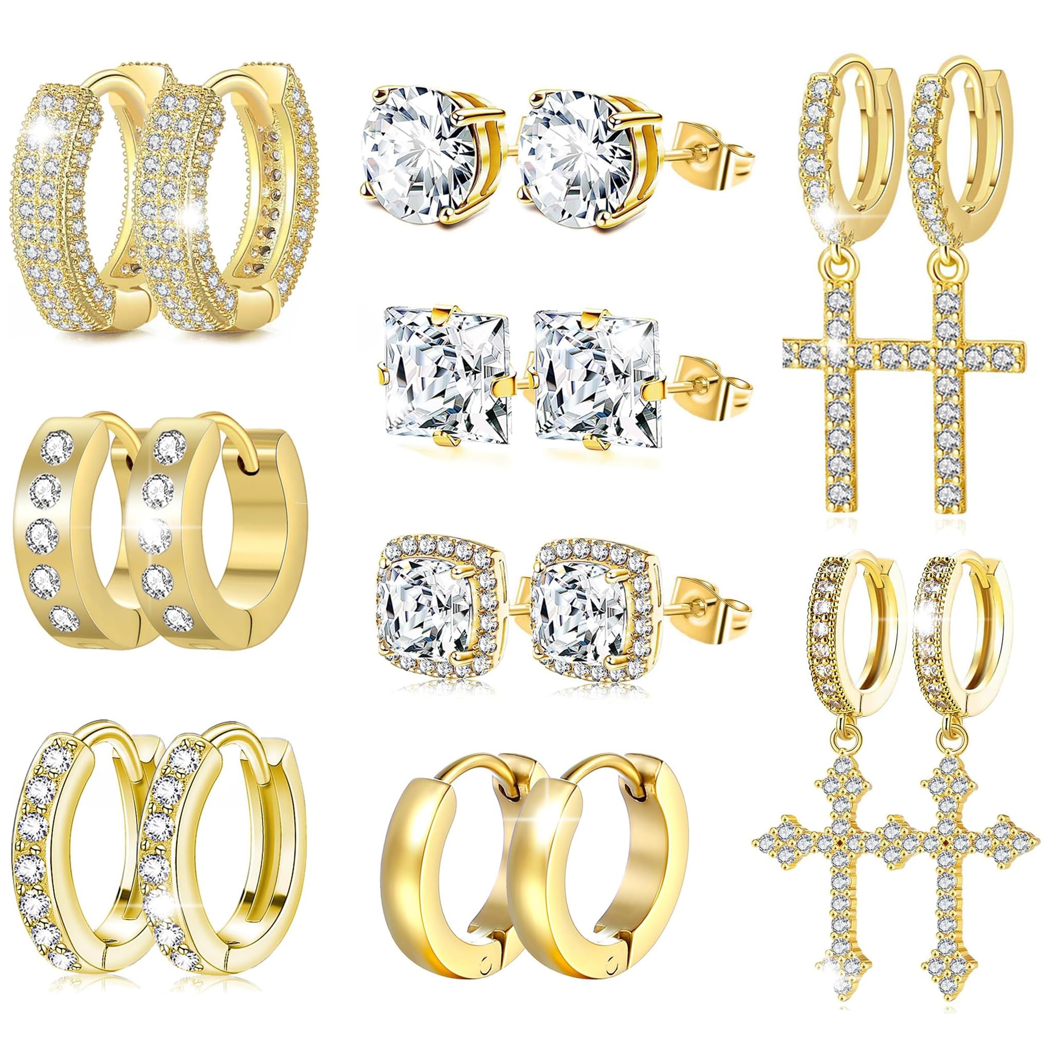 feyir 9 Pairs Earrings for Men Stainless Steel Small Hoop Earrings Hypoallergenic CZ Cross Dangle Earrings Cubic Zirconia Stud Earrings Huggie Men's Earrings Set-picture-23