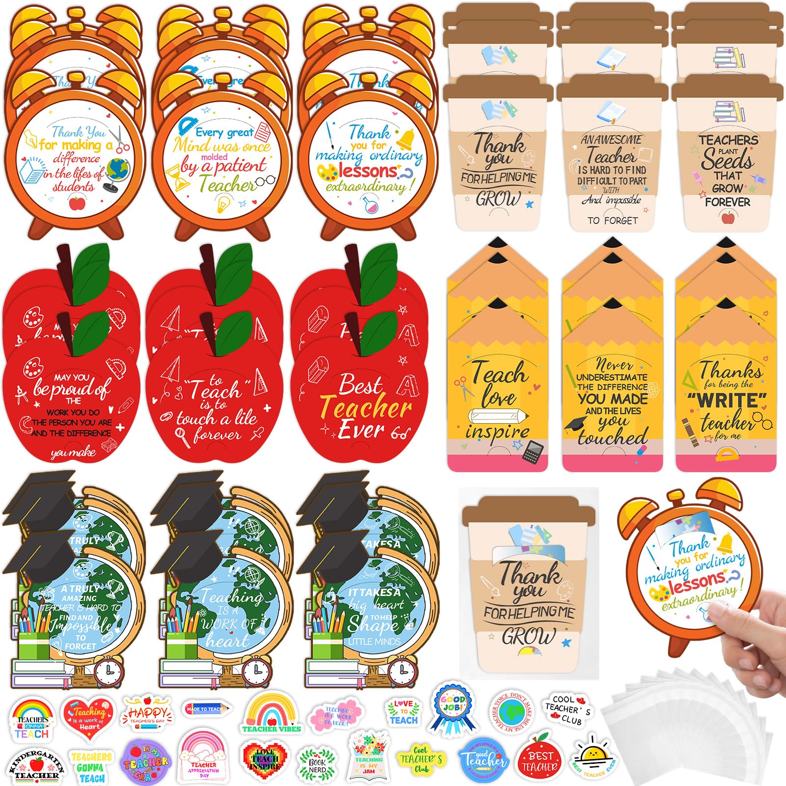 45Pcs 15 Styles Teacher Appreciation Gift Card Holders Bulk with 100 Styles Teacher Stickers–End of School Year Gifts Thank You Cards for Teachers Back to School or Teacher Appreciation Week Supplies
