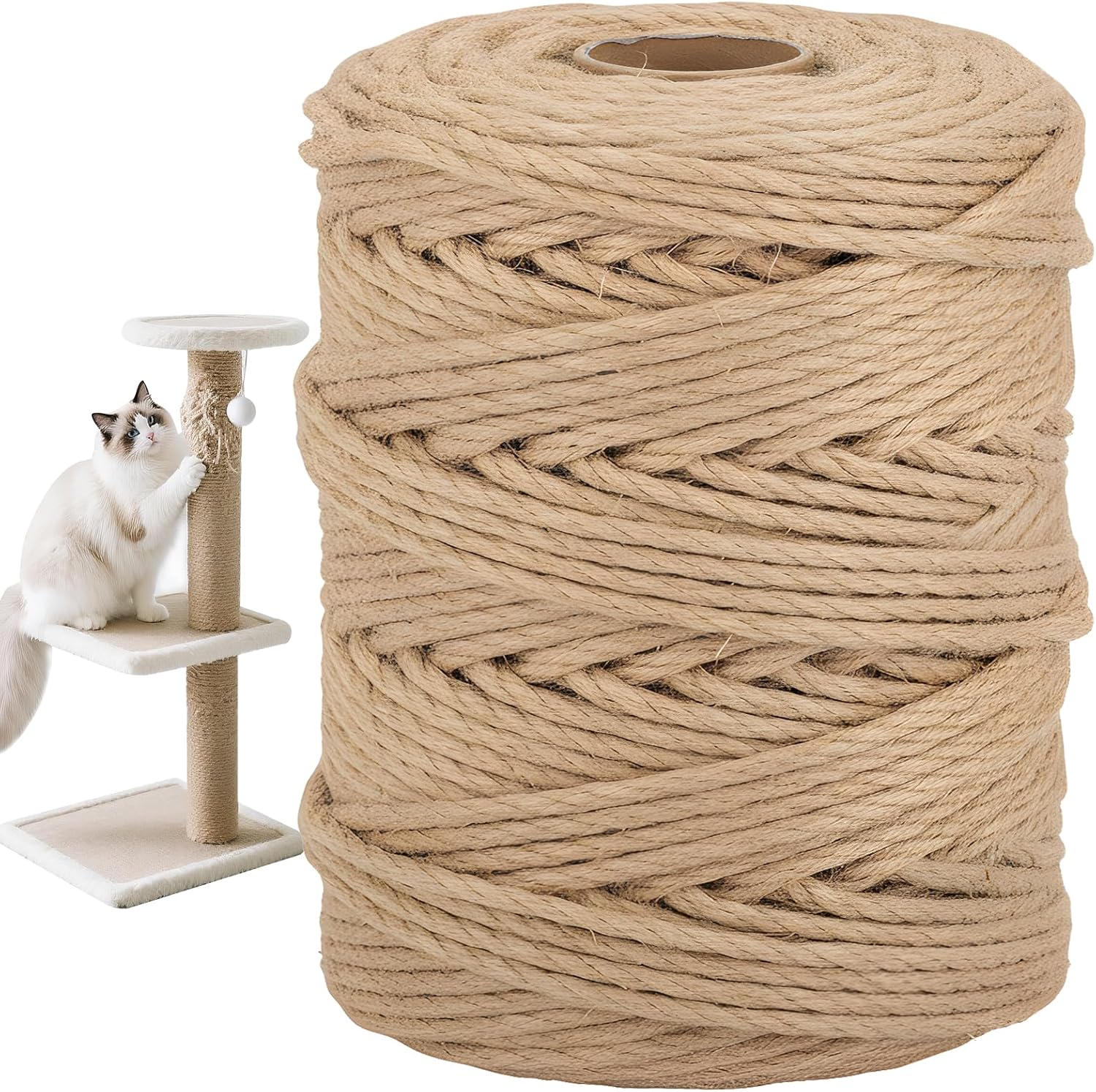 Natural Sisal Rope for Cat Scratcher, 1/4 Inch x 328 Feet Cat Rope, Heavy Duty Sisal Twine for Cats Scratching Post Replacement, and Crafts Gardening Home Decorating