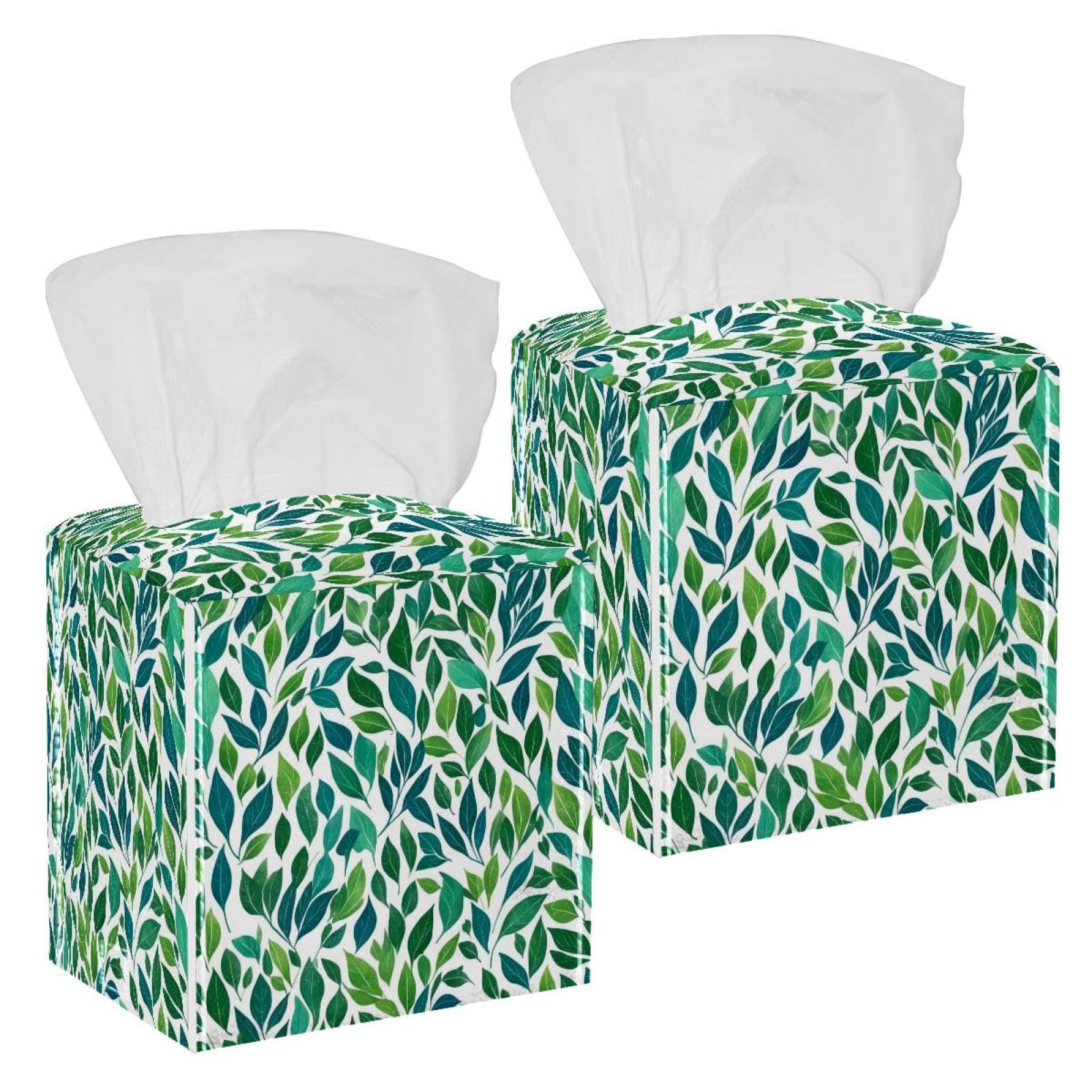 Leaf Tissue Box Cover, 2 Pack PU Leather Square Facial Tissue Dispenser Box holder for Home Office Car