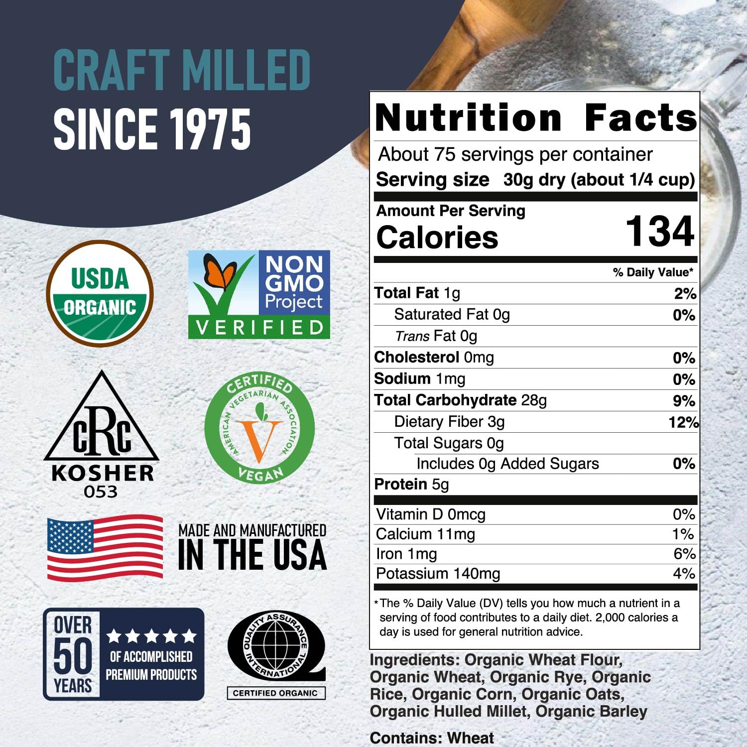 Great River Milling Organic 7 Grain Blend Bread Flour | Unbleached & Unbromated | Non-GMO, Kosher Certified | Hearty Multi-Grain Flour for Breads, Muffins & Everyday Baking | 5 Lb