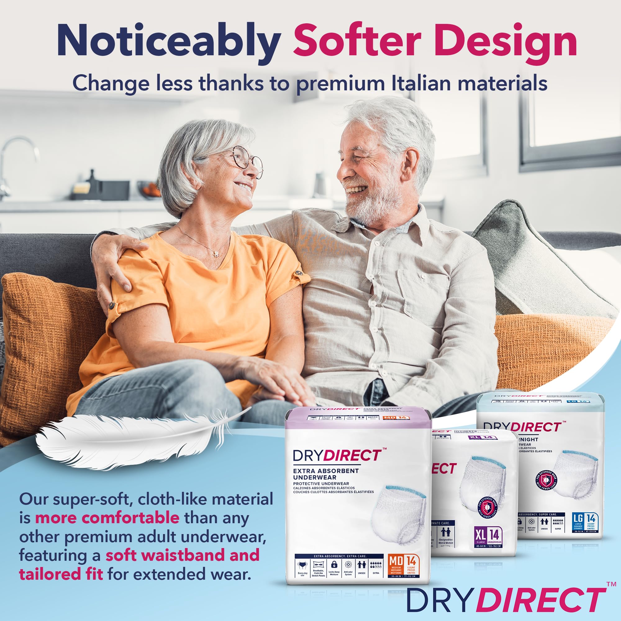 Dry Direct Extra Protective Underwear, Soft Cloth-Like Adult Diapers, All Day Disposable Incontinence Protection - Large (Pack of 14)