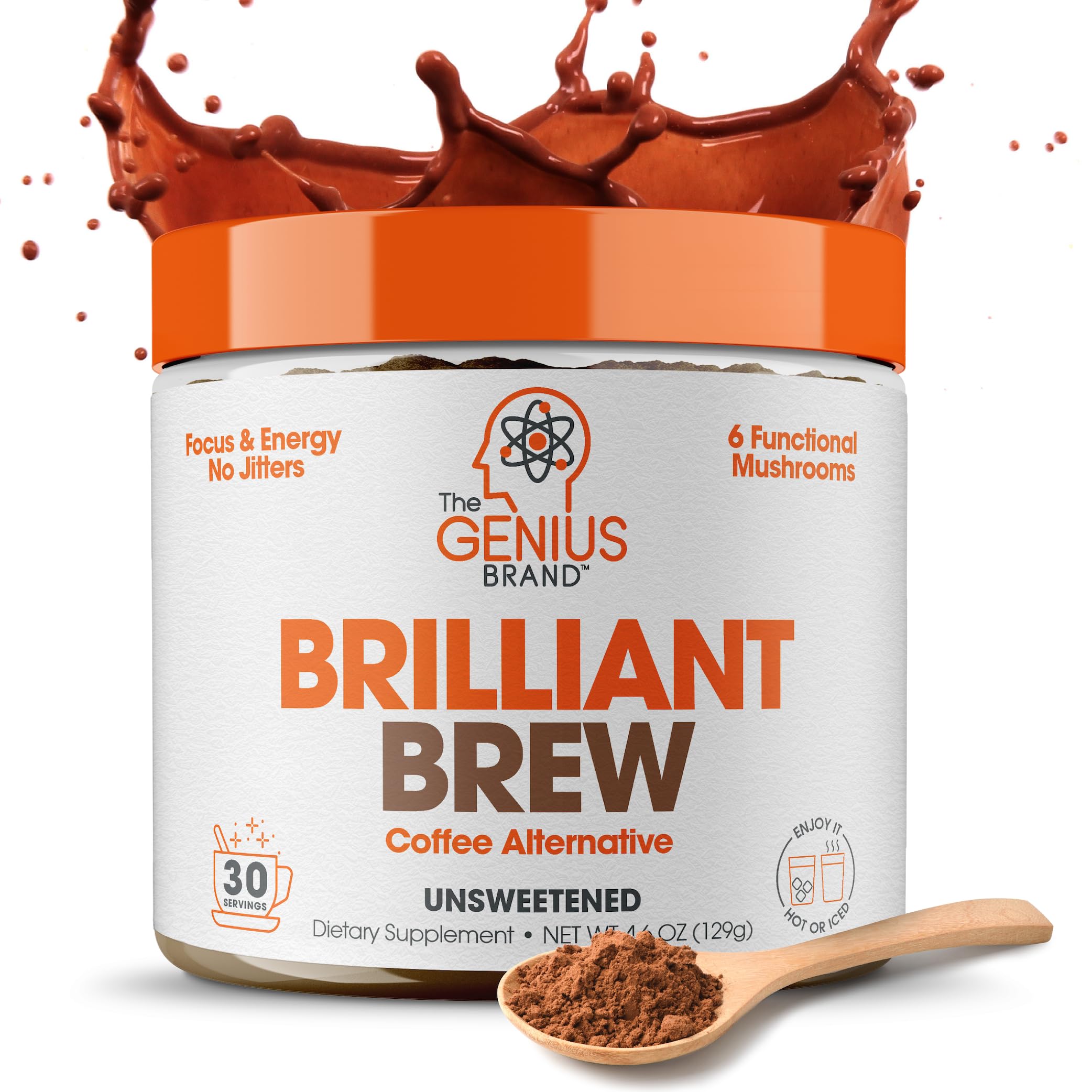 The Genius Brand Genius Brilliant Brew - Natural Coffee Substitute for Clear Thinking, Energy & Immune Support - No Crash or Jitters - Powered by Nootropics - Non-GMO - 30 Servings - Unsweetened Cocoa