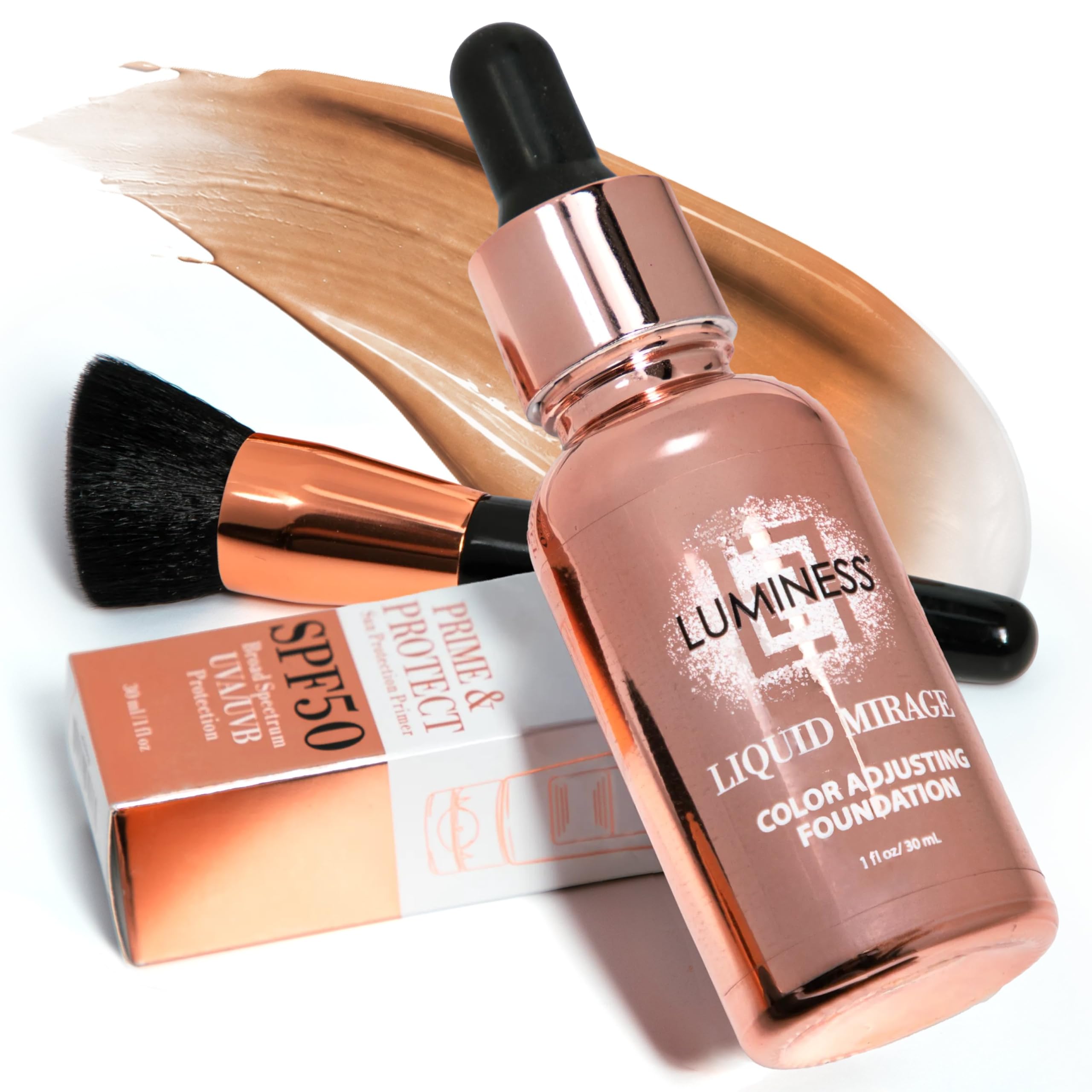 LUMINESS Liquid Mirage w/SPF 50 Color Adjusting Foundation Kit - Color Changing Foundation, SPF 50 Primer & Makeup Brush, Face Makeup for Mature Skin, 4in1 Liquid Foundation, Concealer & Moisturizer 04 Tan