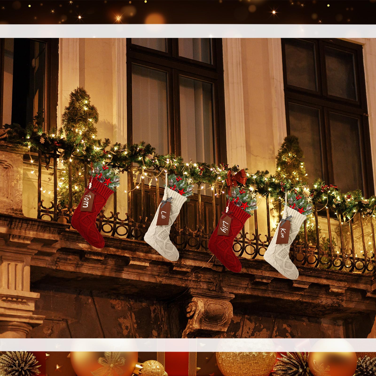 Aoriher Lot de 4 grandes chaussettes de Noël avec étiquettes nominatives en bois à faire soi-même, 45,7 cm, décorations de Noël à suspendre avec étiquettes de Noël pour fête de Noël (lin, rouge