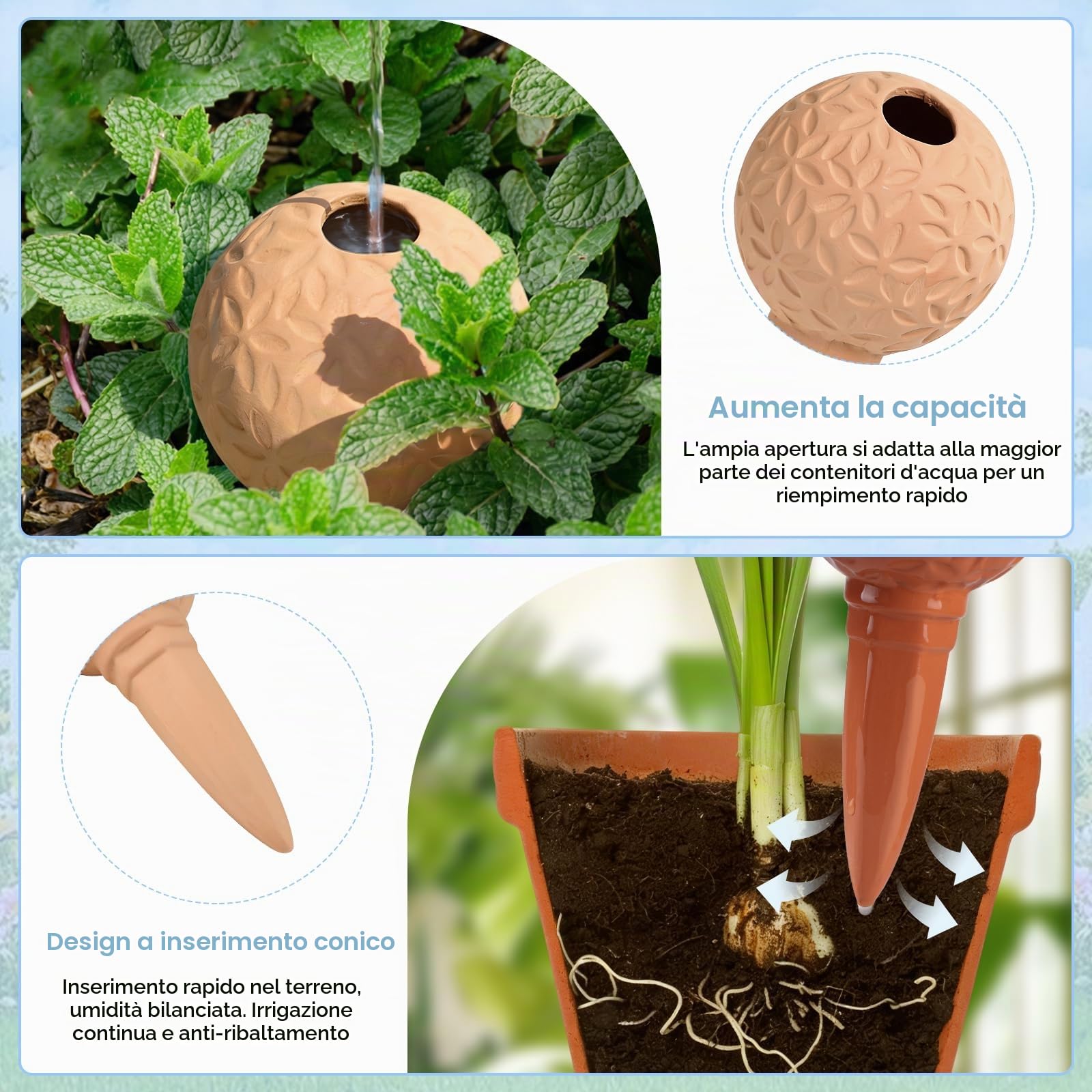 EXLECO 8pcs Coni in Argilla 185ml Testina di Irrigazione Goccia in Argilla Sfere di Irrigazione in Terracotta Sistema Automatico di Innaffiatura Vacanze Coni per D'Irrigazione Piante Interni & Esterni