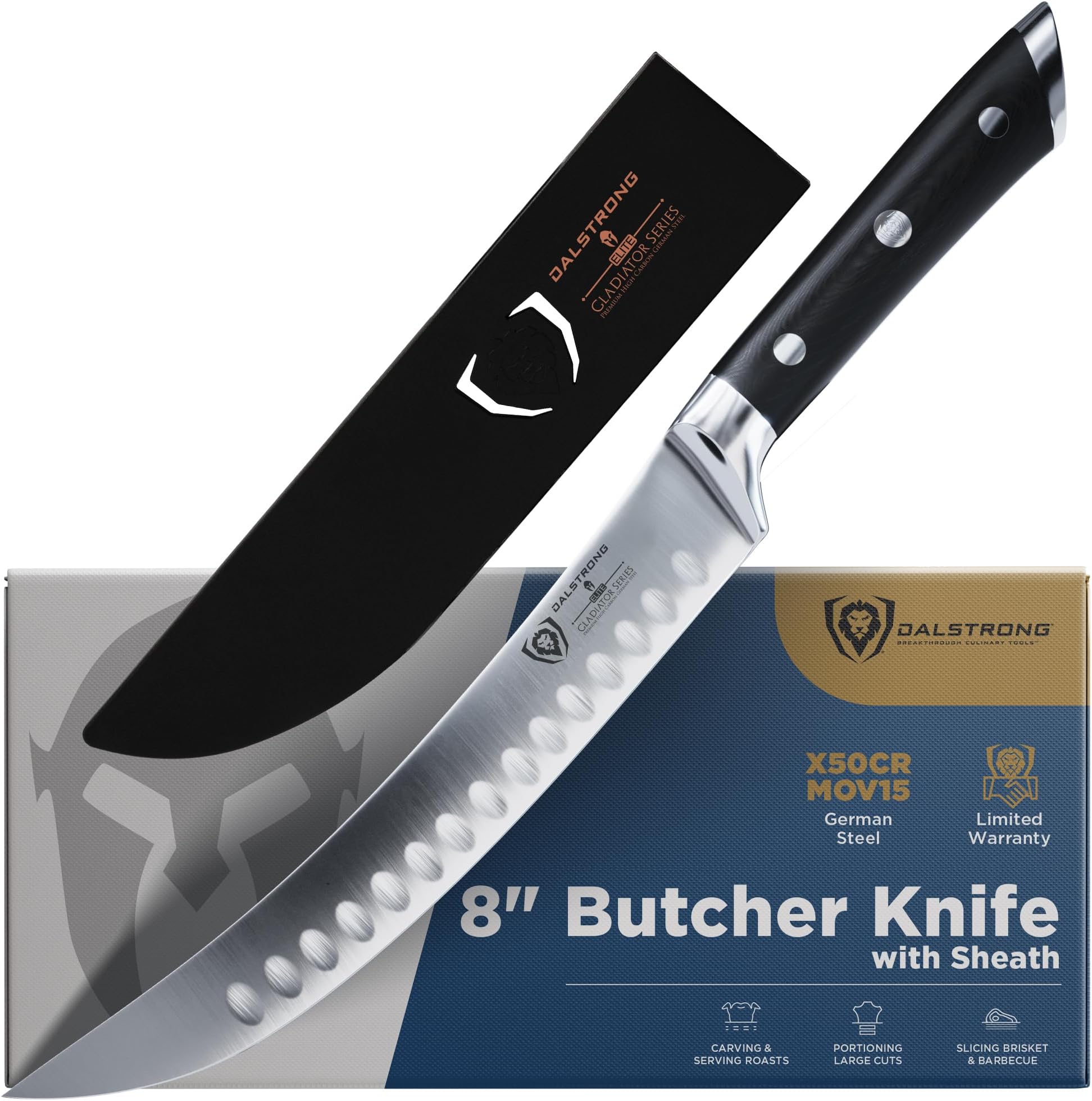 DALSTRONG Butcher Knife - 8”(20.32 cm) Gladiator Series Elite - Cimitar Boning Knife - Forged High-Carbon German Steel - Razor Sharp Meat Cutting- w/Sheath - NSF Certified