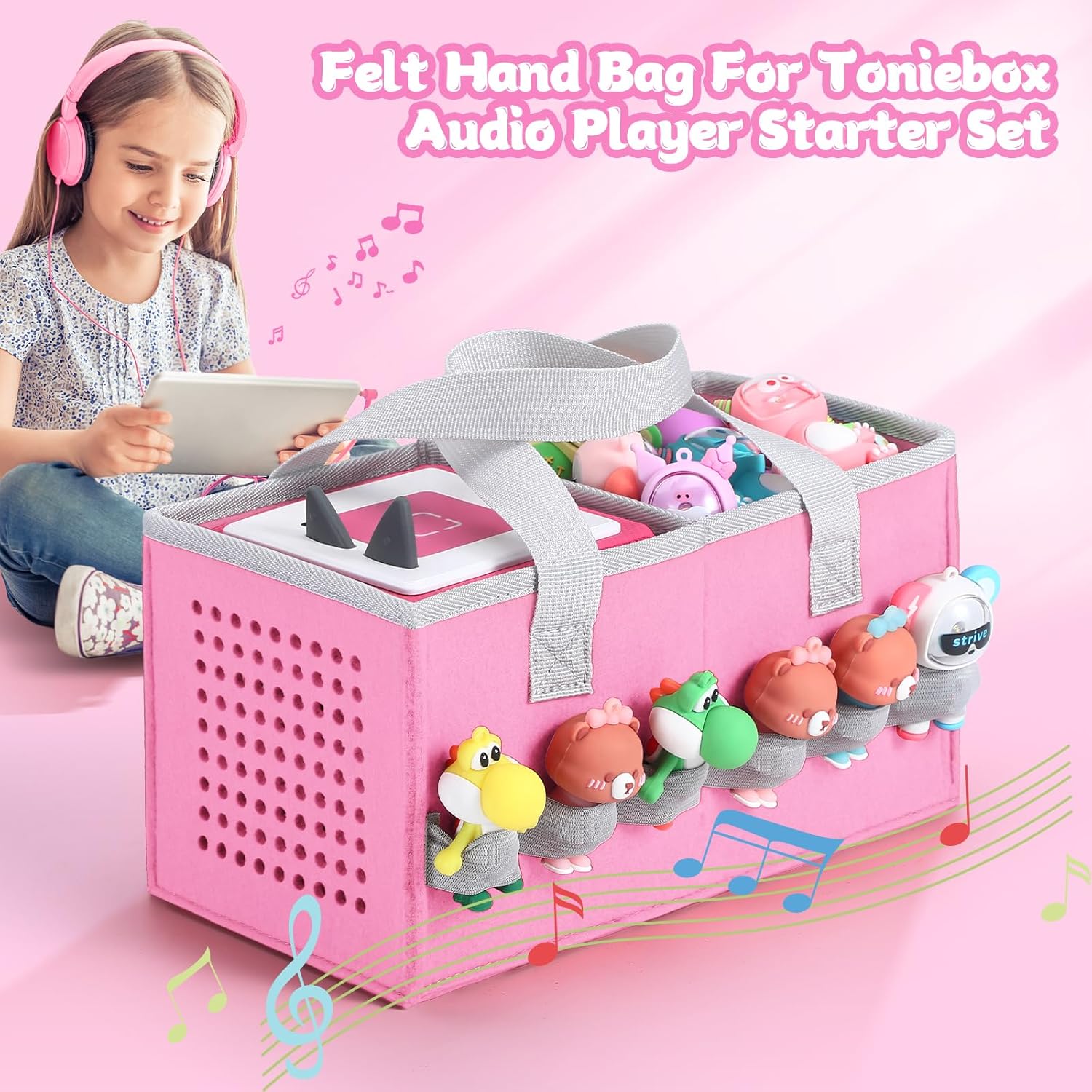 Carrying Case for Toniebox Starter Set and Tonies Figurines, Felt Organizer Travel Bag with Strap for Tonies Box, Travel Cloth Musical Toy Folding Bag for Toniebox Accessories - Image 4