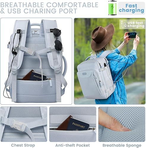 Miniatura 5 de Mochila de transporte, mochila grande para portátil de viaje aprobada por la TSA con puerto de carga USB, Verde oscuro, Mochilas de viaje