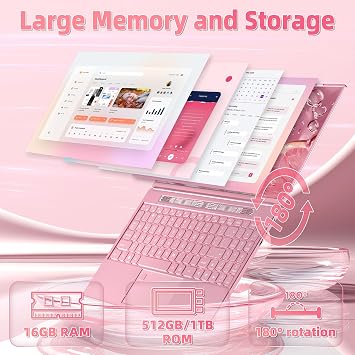 15.6 Pink Laptop 16GB DDR4 512GB SSD Laptop FHD IPS Screen 5105 Quad Core Processor up to 2.9GHz,Win11 Pro/Backlit KB/Fingerprint/Aesthetic PC for Business & Student(16G+512GB)