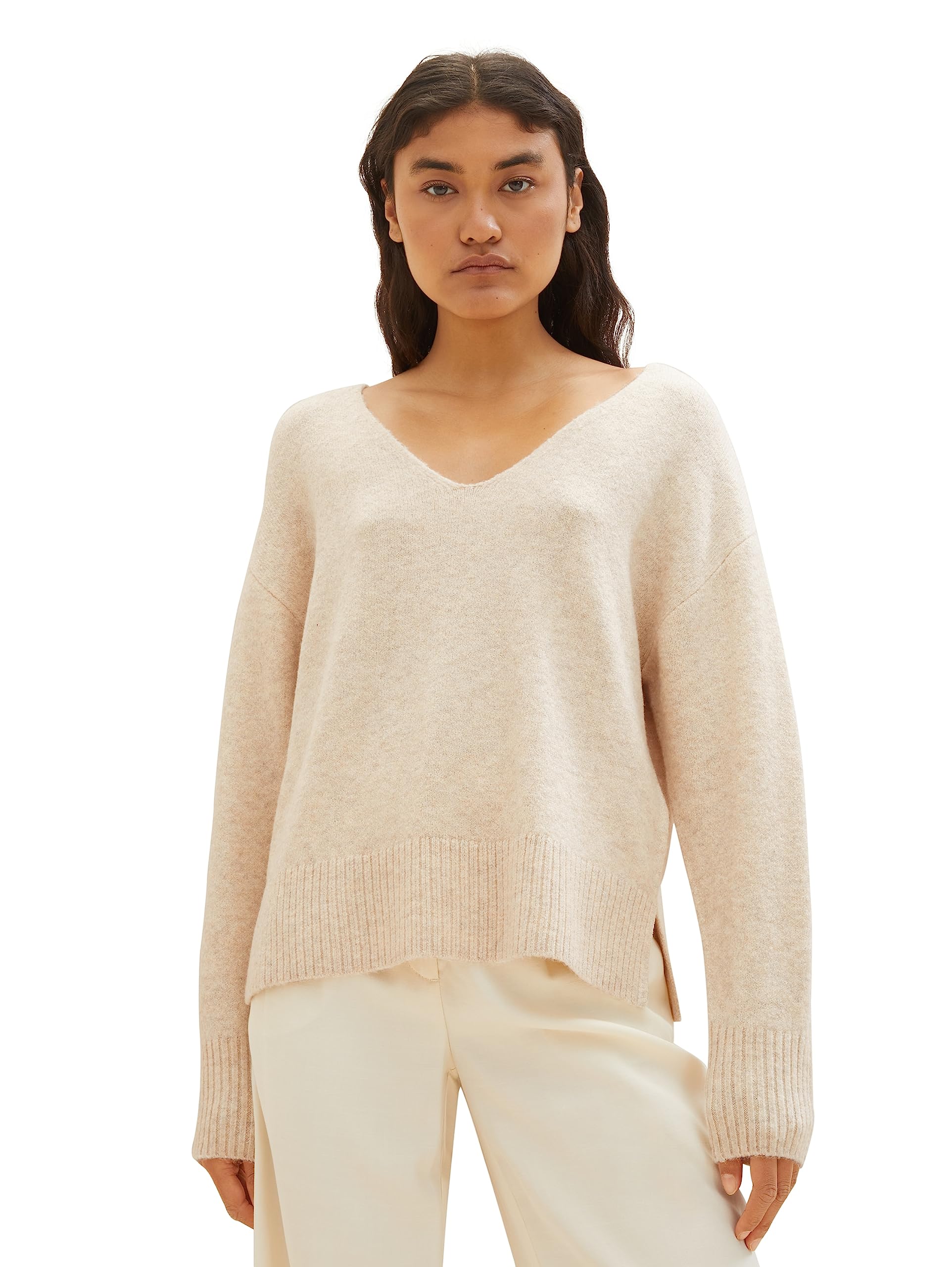 TOM TAILOR Denim Women's Basic V-Neck Jumper, 33803-dusty Sand Beige Melange, XXL