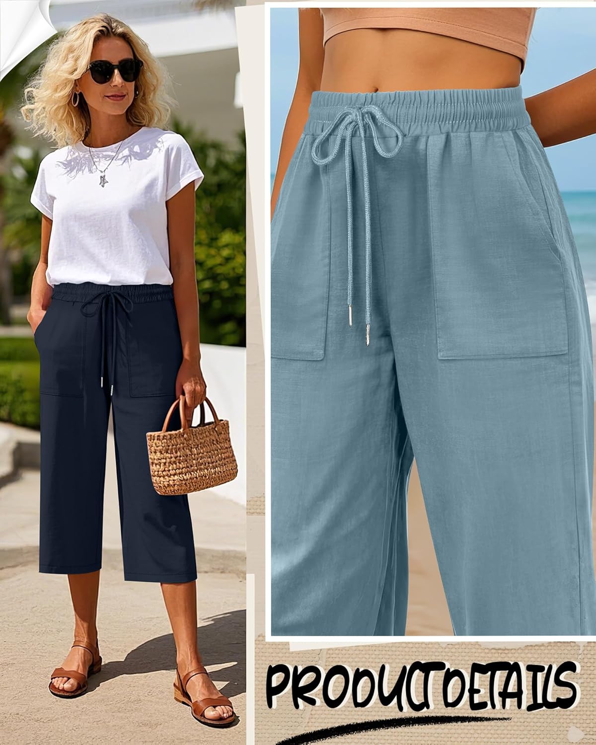 Riyiper 2 Pcs Women's Cotton Linen Blend Wide Leg Capri Pants, Drawstring Casual Cropped Trousers Loose Pants with Pockets