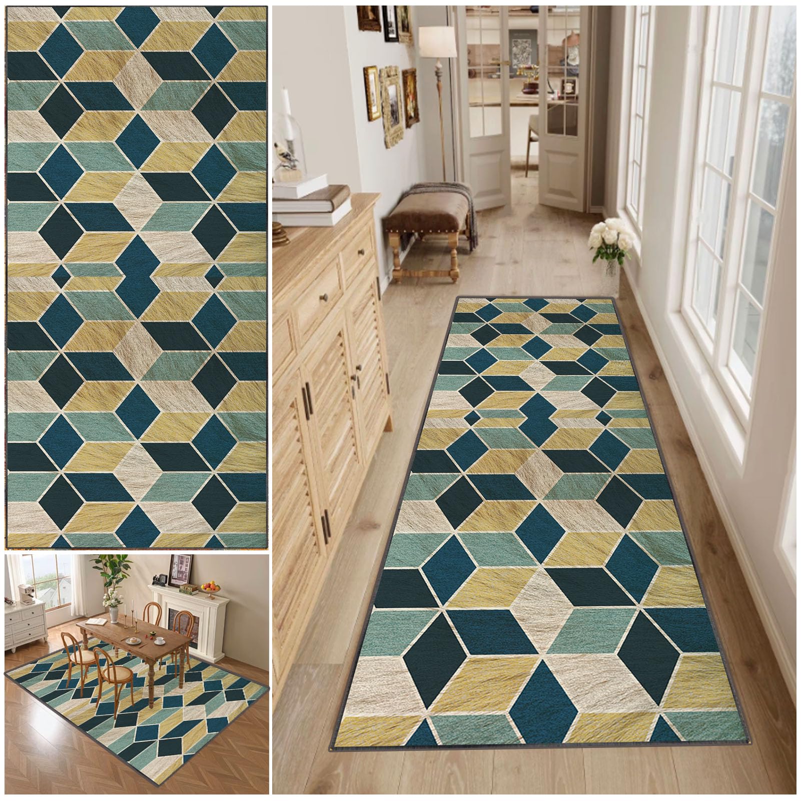 Hallway Runner Rug, Washable Non-slip Carpet Runner Rugs, Modern Indoor Long Floor Runners Printed Geometric Area Rugs, 100 x 240 cm Hall Runner Narrow Rug, Floor Carpet Runners for Kitchen Entryway