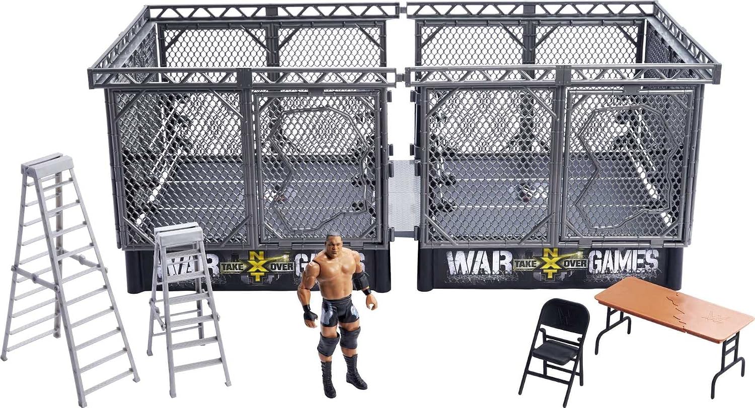 WWE NXT TakeOver War Games Playset with 2 NXT Rings, Keith Lee action figure, 2 Connecting Cages with Breakaway Pieces, 2 Ladders, Chair, Table & More; for Ages 6 Years Old & Up [Amazon Exclusive]