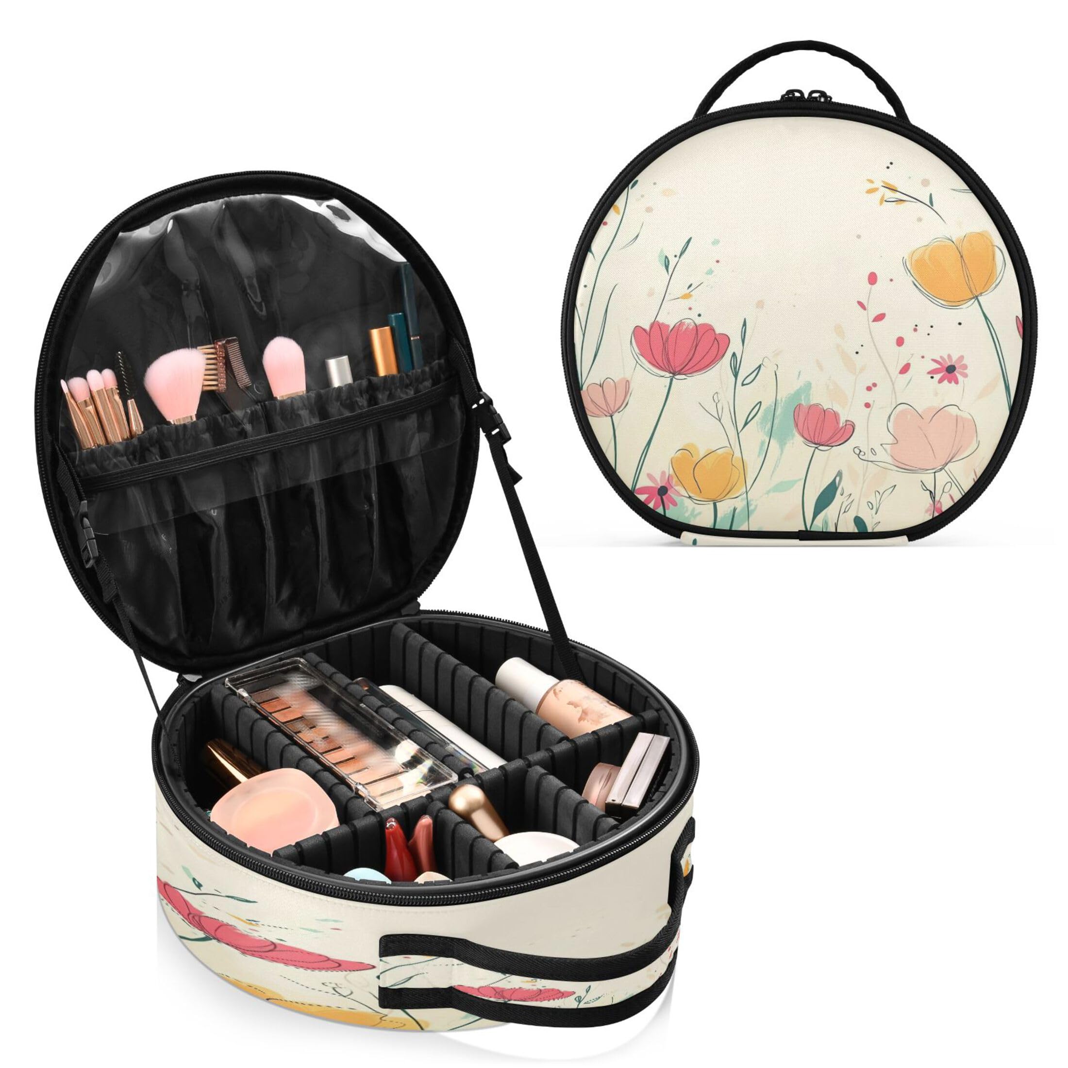 Takiito Cute Spring Flowers Travel Makeup Case Portable Makeup Box Artist Cosmetic Case Organizer With Adjustable Dividers