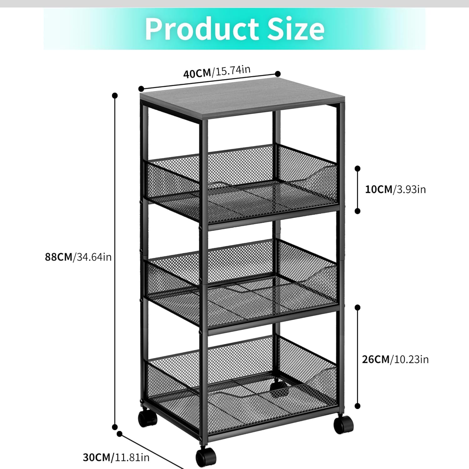 HapiRm Fruit Basket Kitchen Cart - 4-Tier Rolling Storage Cart with Wheels, Fruit Vegetable Basket with Wood Top, Pantry Utility Kitchen Organizer for Fruit Potato Onion Vegetable Bread Snack