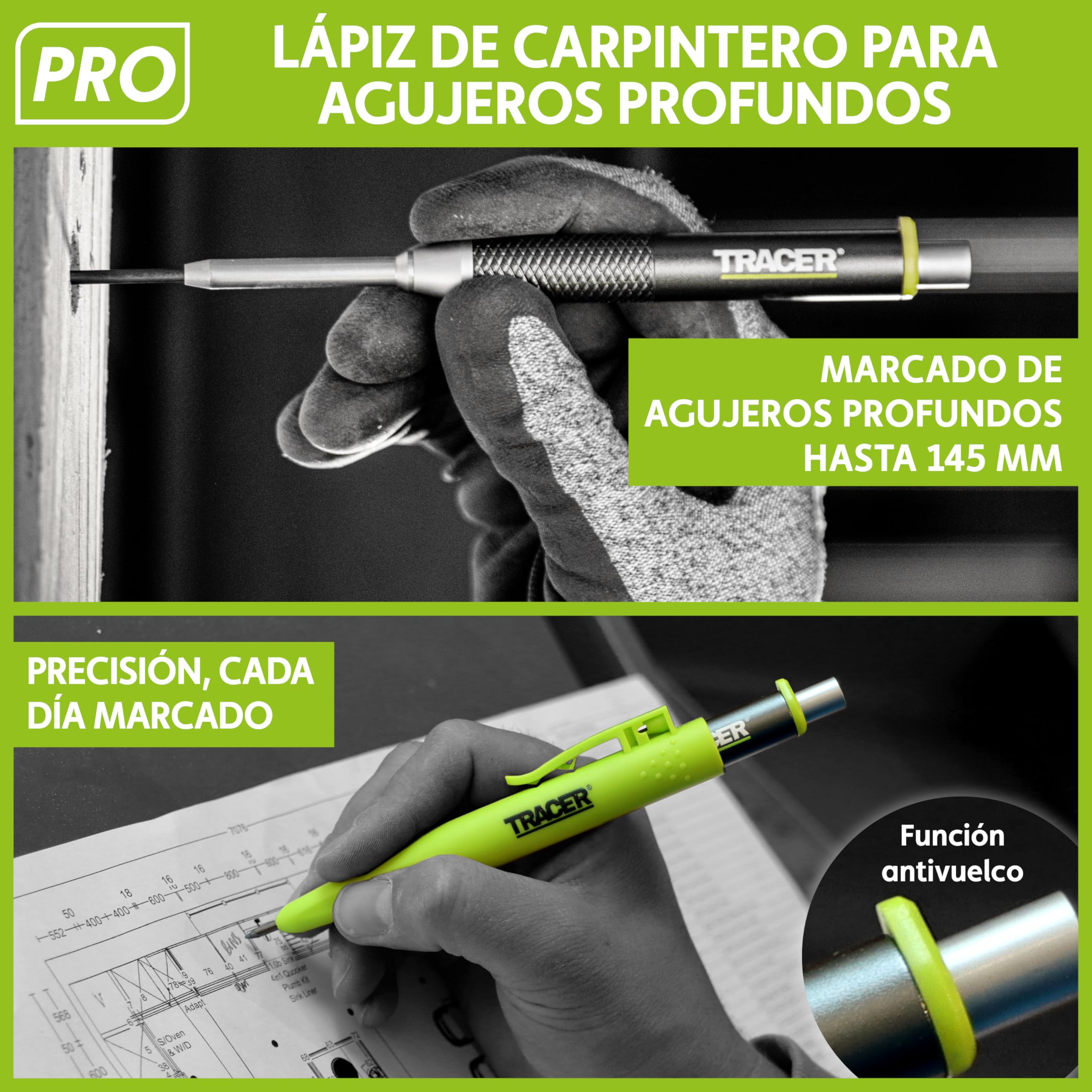 Tracer Pro Series - Kit de marcadores de construcción de 5 piezas con estuche de almacenamiento, lápiz de carpintero de agujero profundo y lápiz de precisión