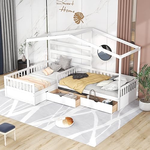 Miniatura 123 de MERITLINE Cama individual para niños, cama individual de madera para niños, cama Montessori con techo y ventana, cama de piso para niños pequeños,