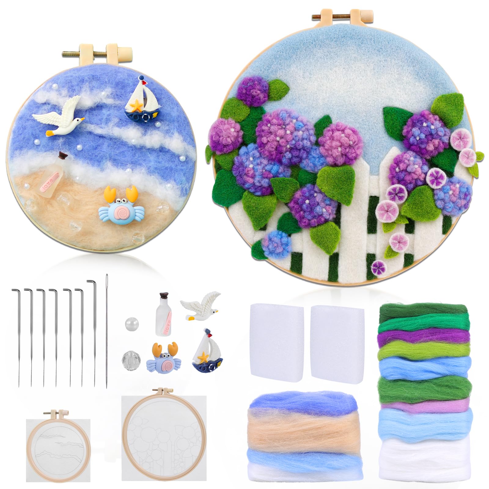 BUOKKON 2 Pcs Needle Felting Kit for Beginner, Needle Felting Kit with Wool Roving Embroidery Hoops Instructions Felting Needles, Needle Felt Starter Set for Home Decoration