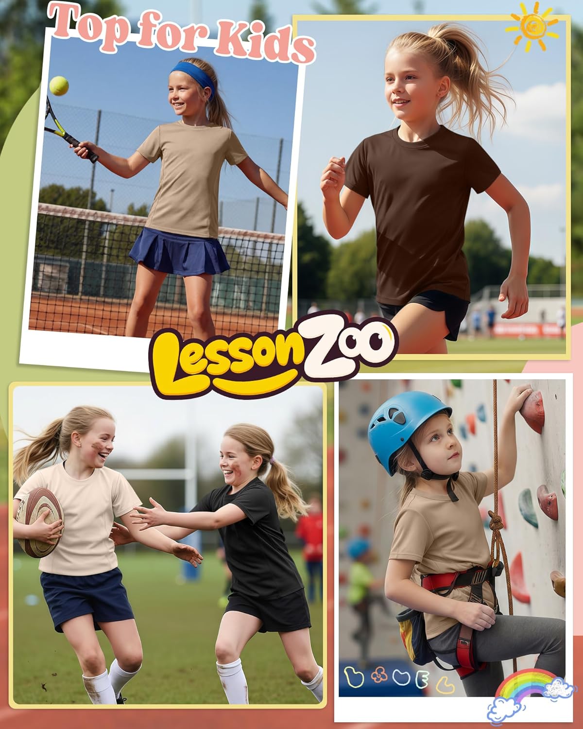 4 Pack Girls' Athletic Shirts Short Sleeve Quick Dry Active T-Shirt Summer Crew Neck Sports Activewear Top for Kids