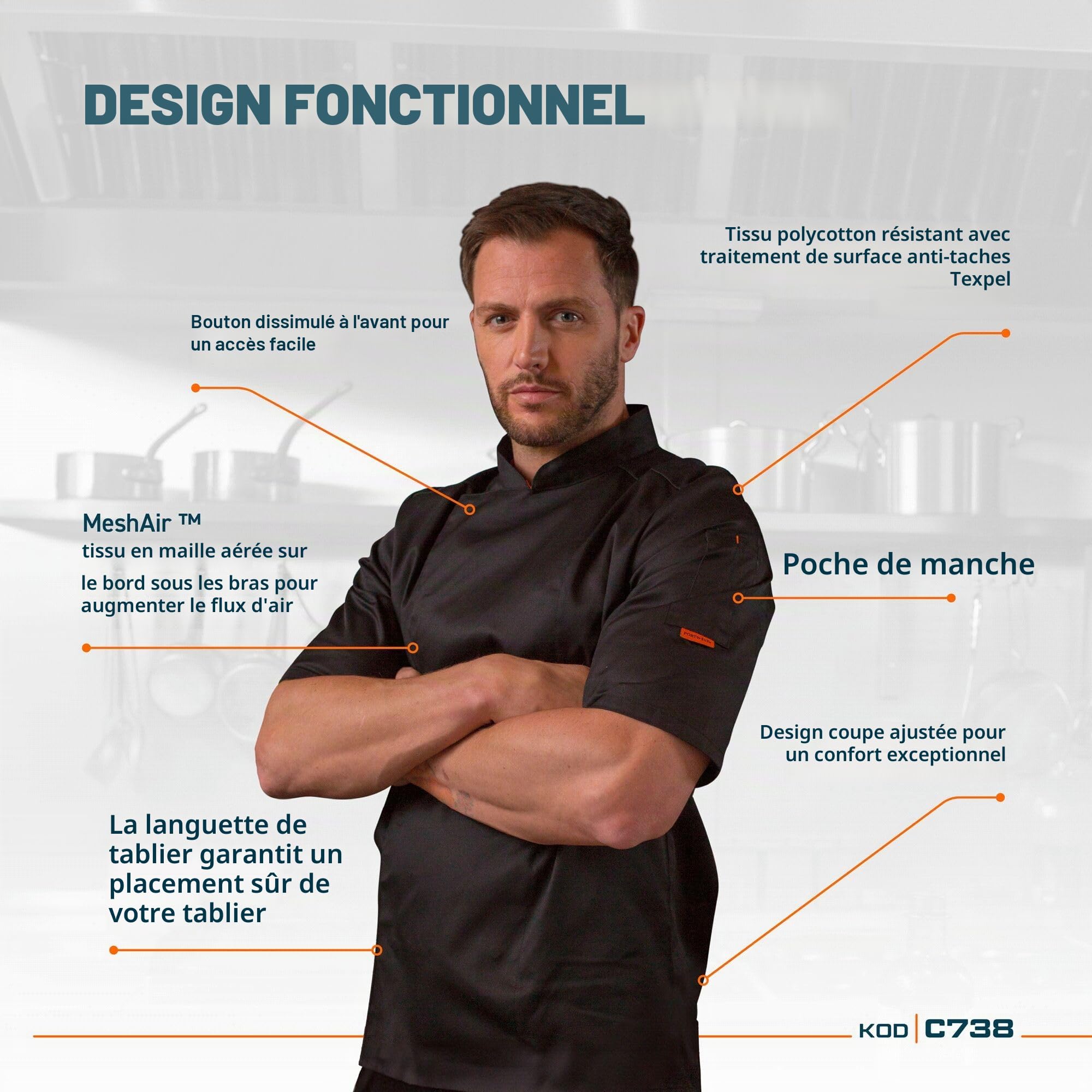 Portwest C738 Veste de Cuisine Homme Manches Courtes