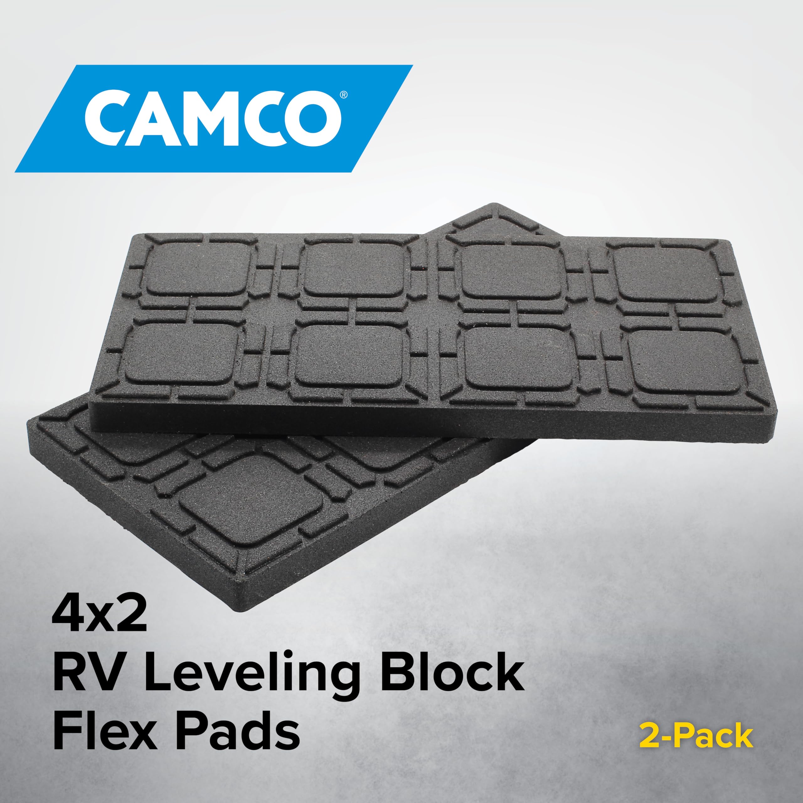 Camco 44601 Cuscinetti Flessibili, Blocchetto di livellamento Universale, impediscono a martinetti e stabilizzatori di affondare nel Terreno Morbido, Misura 21,6 x 43,2 cm, Confezione da 2
