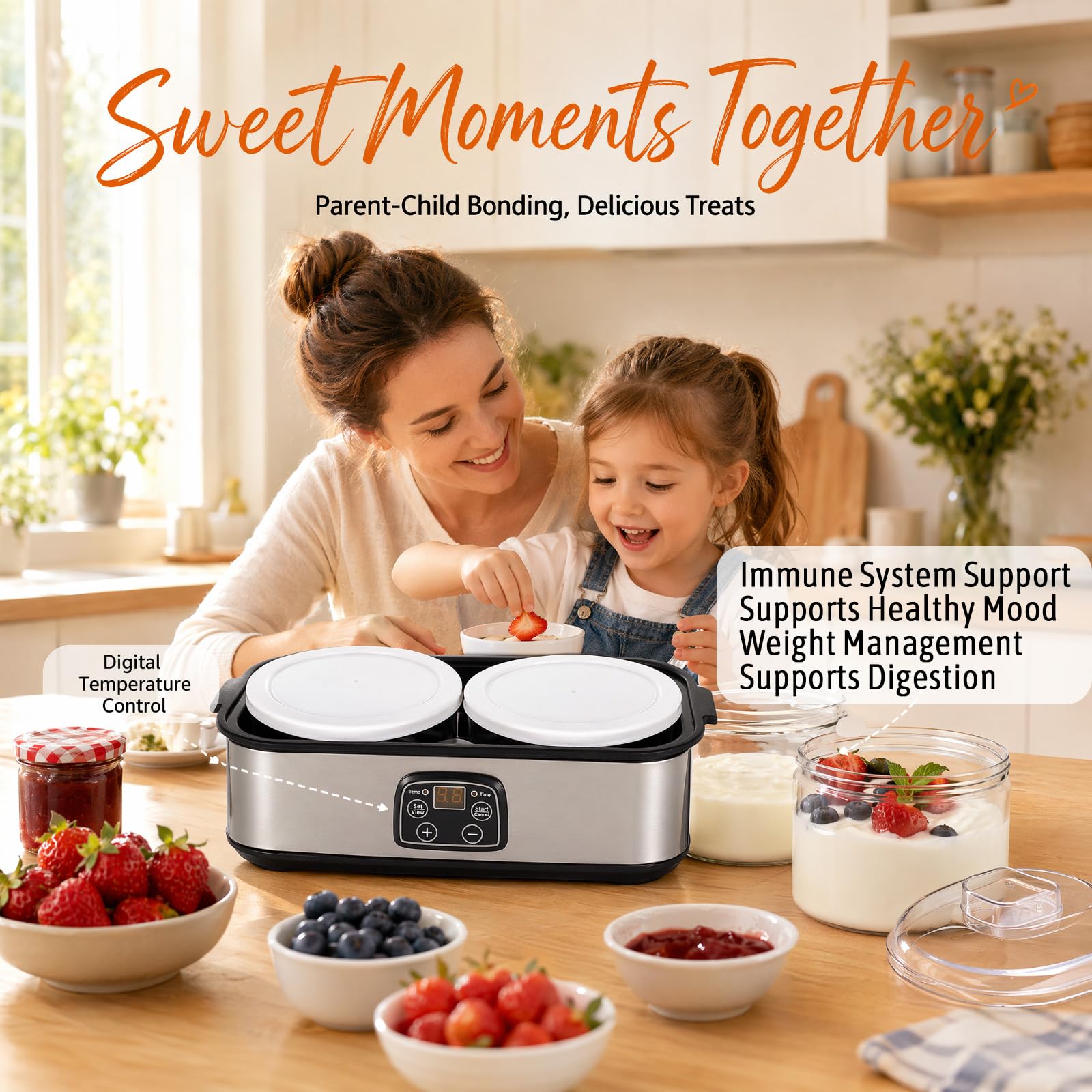 Joghurtbereiter 25W mit 2 Gläsern, Automatischer Joghurtbereiter mit einstellbarer Temperatur- und Zeiteinstellung, Elektrischer Milchfermenter für Joghurt, Pudding & Smoothie
