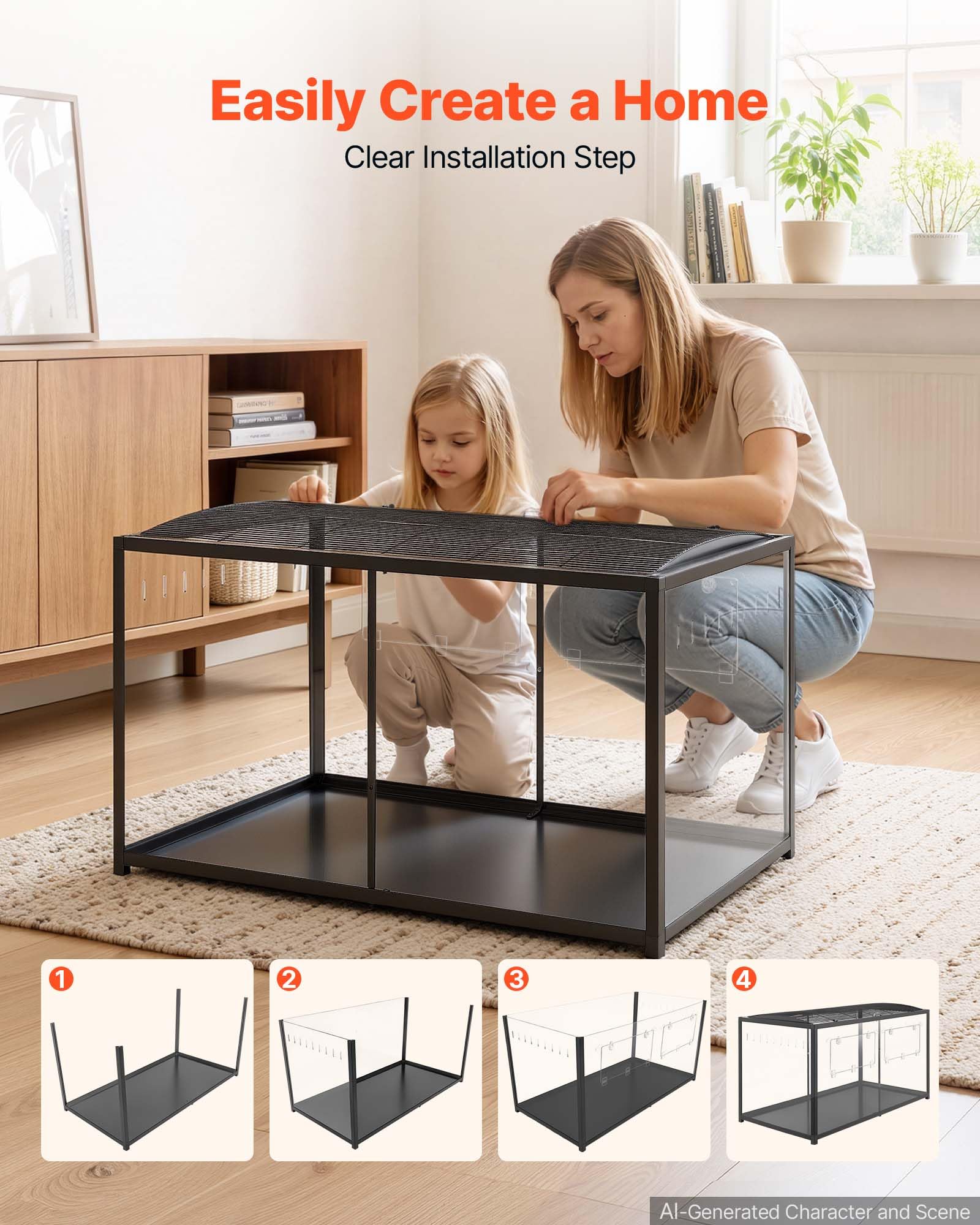 VEVOR Cage Hamster 120x60x64,5 cm 0,7 m² Habitat Rongeurs en Métal Vue 360° | Pour Gerbille, Cochon d'Inde, Petit Animal, Accès par Haut, Porte Frontale, Cadre Noir, Panneaux en Acrylique Transparent