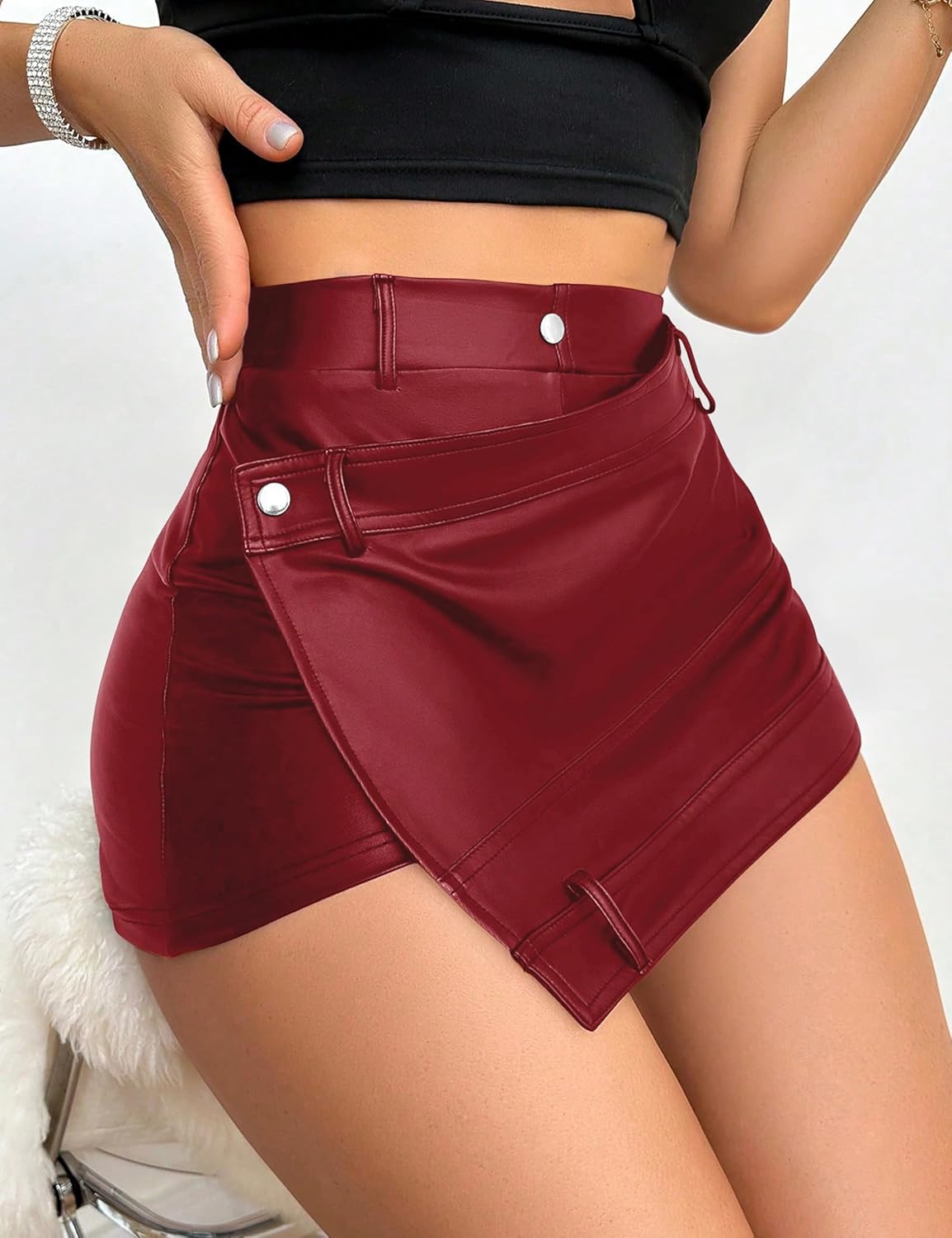 Faux Leather Shorts for Women Sexy High Waisted PU Micro Mini Short Stretchy Bodycon Party Pleather Skorts Hot Pants - Image 6