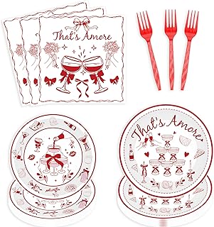 Thats Amore Party Decorations, 96 Pcs Red Italian Theme Dessert Plates Napkins Forks for 24 Guests, Romantic Bridal Shower Dinner Date Night Tableware Supplies Set