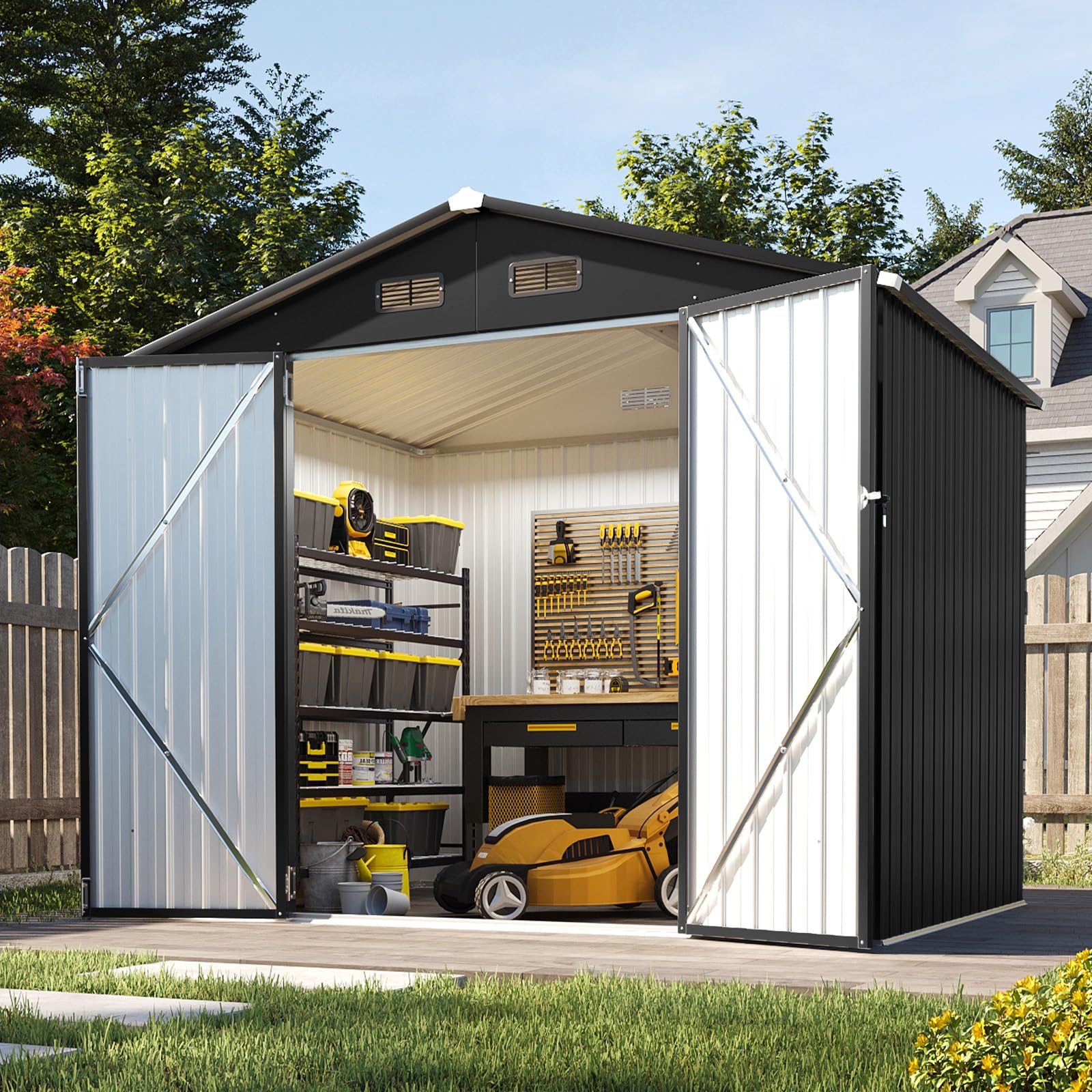 Aoxun 8×6ft Großes Gerätehaus aus Metall 235×171×196 cm, wetterfestes Gartenhaus mit Doppeltür & Satteldach, abschließbarer Geräteschuppen für Garten, Hinterhof, Terrasse