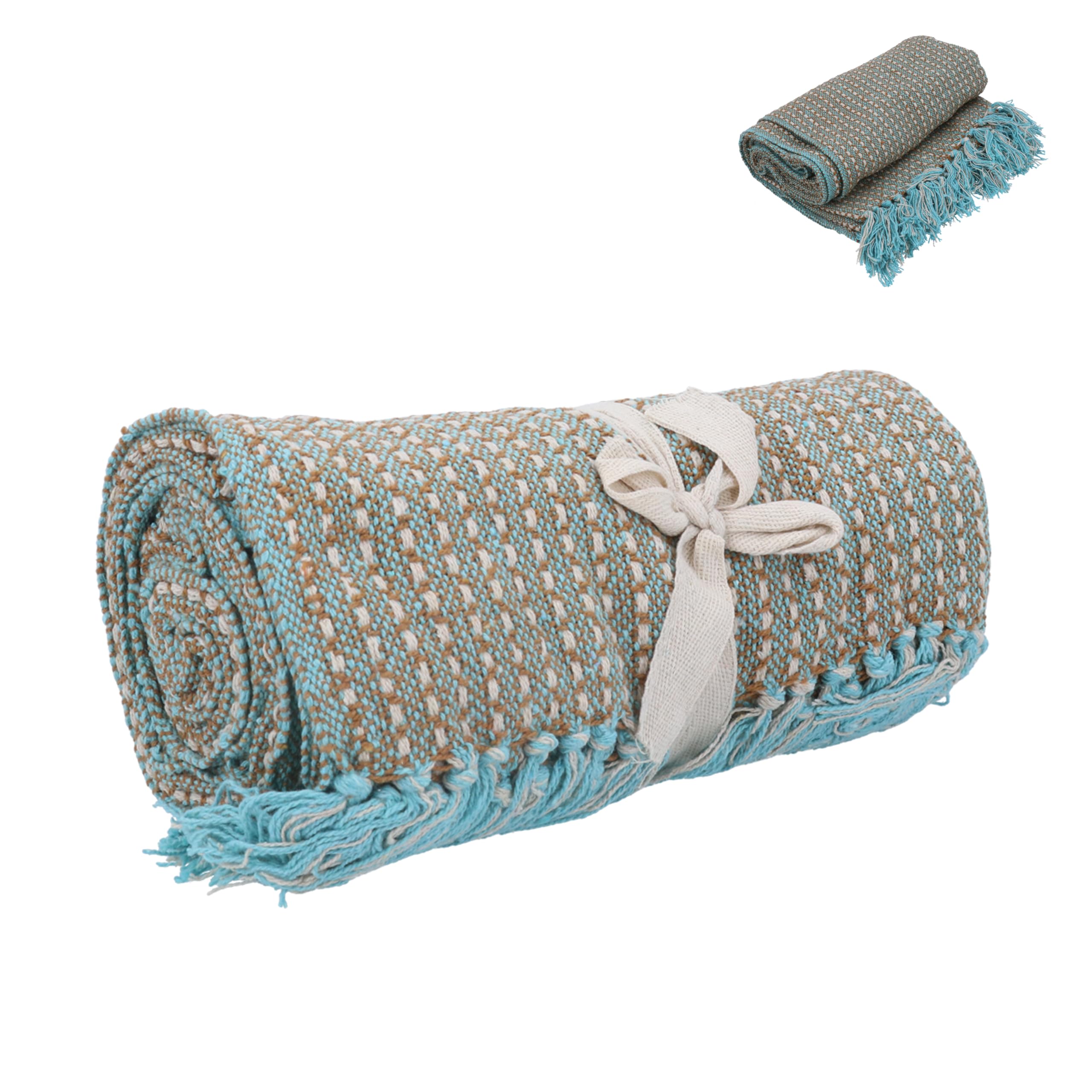 Gisela Graham Blue Tan & Woven Cotton Throw Blanket