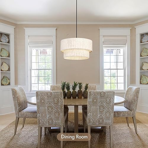 Miniatura 7 de Lámpara de araña moderna de 16 pulgadas, tiras de lino en capas, lámpara colgante colgante de luz rústica regulable para comedor, isla de cocina,