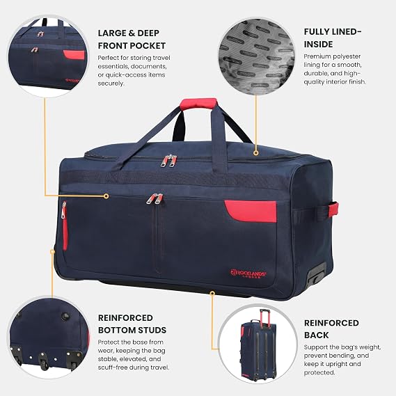 Rocklands® Lightweight Luggage Rolling Holdall Suitcase Wheeled Duffle Bag Cargo Sport Travel Bag RL501 (Navy/Red, Large - 32 (H84 x L42 x W40 cm))