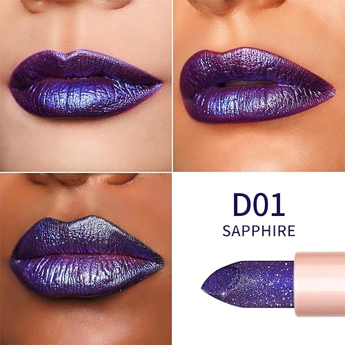 Miniatura 3 de Oulac Lápiz labial azul morado con purpurina, acabado infinito de alto brillo, color de labios hidratante infundido con aceite de rosa de damasco