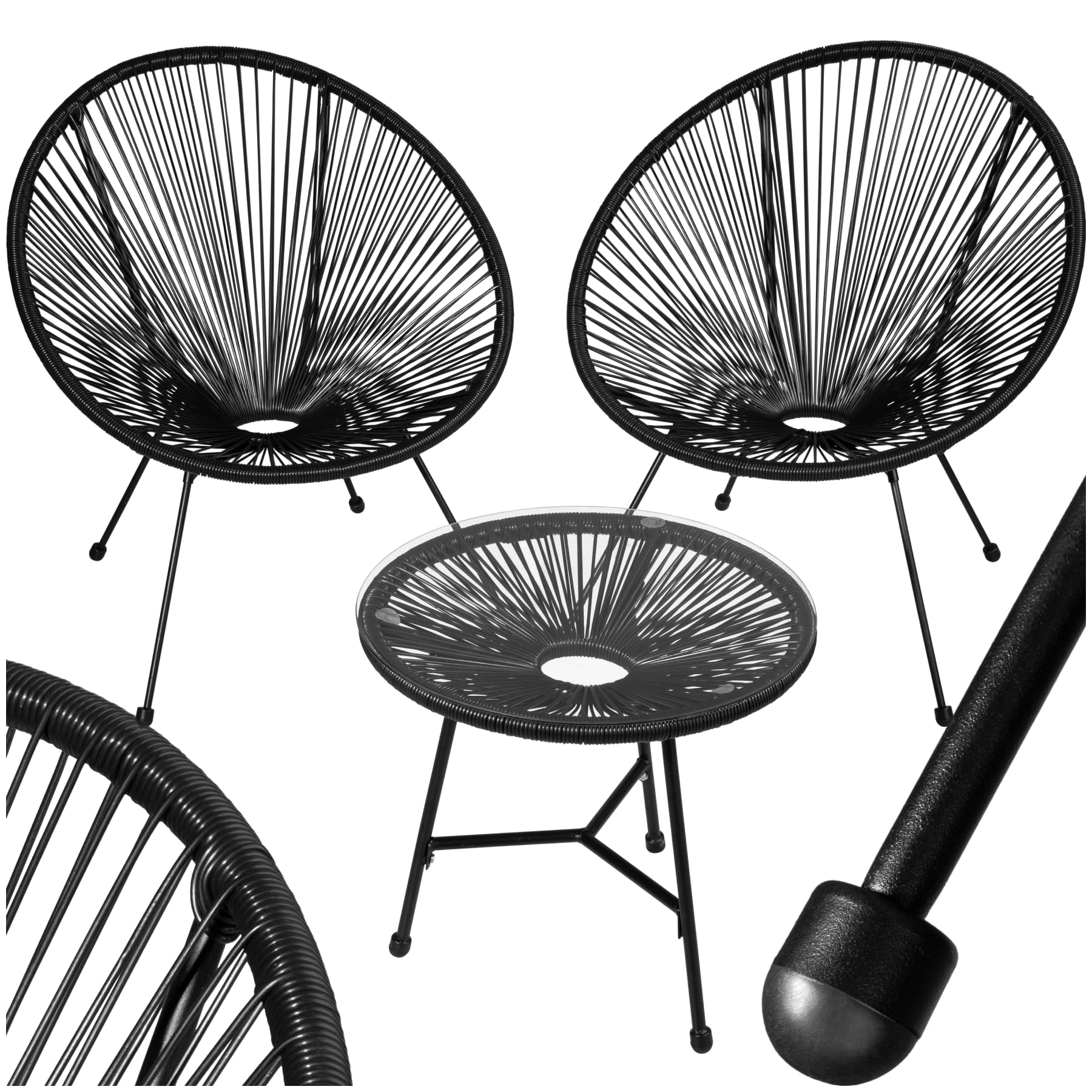 tectake® Conjunto Muebles Jardín Exterior de Acero, Estilo Acapulco, 2 Sillas y 1 Mesa con Cristal, Mesa y Sillas de Terraza Resistentes a Intemperie,Topes en Patas, para Interior y Exterior - negro