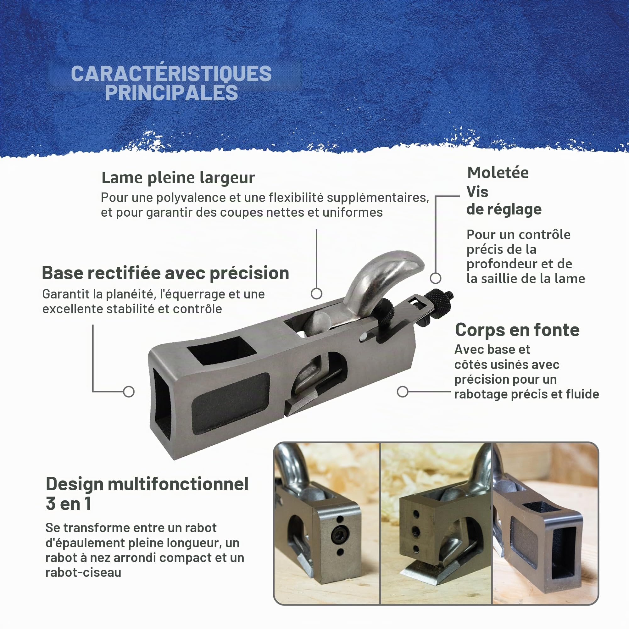 Rabot à feuillure Faithfull 3-en-1 à épaulement, arrondi et à ciseau dans un coffret en bois – Rabot à main multifonction avec base affûtée avec précision pour l'ébarbage et les travaux d'angle