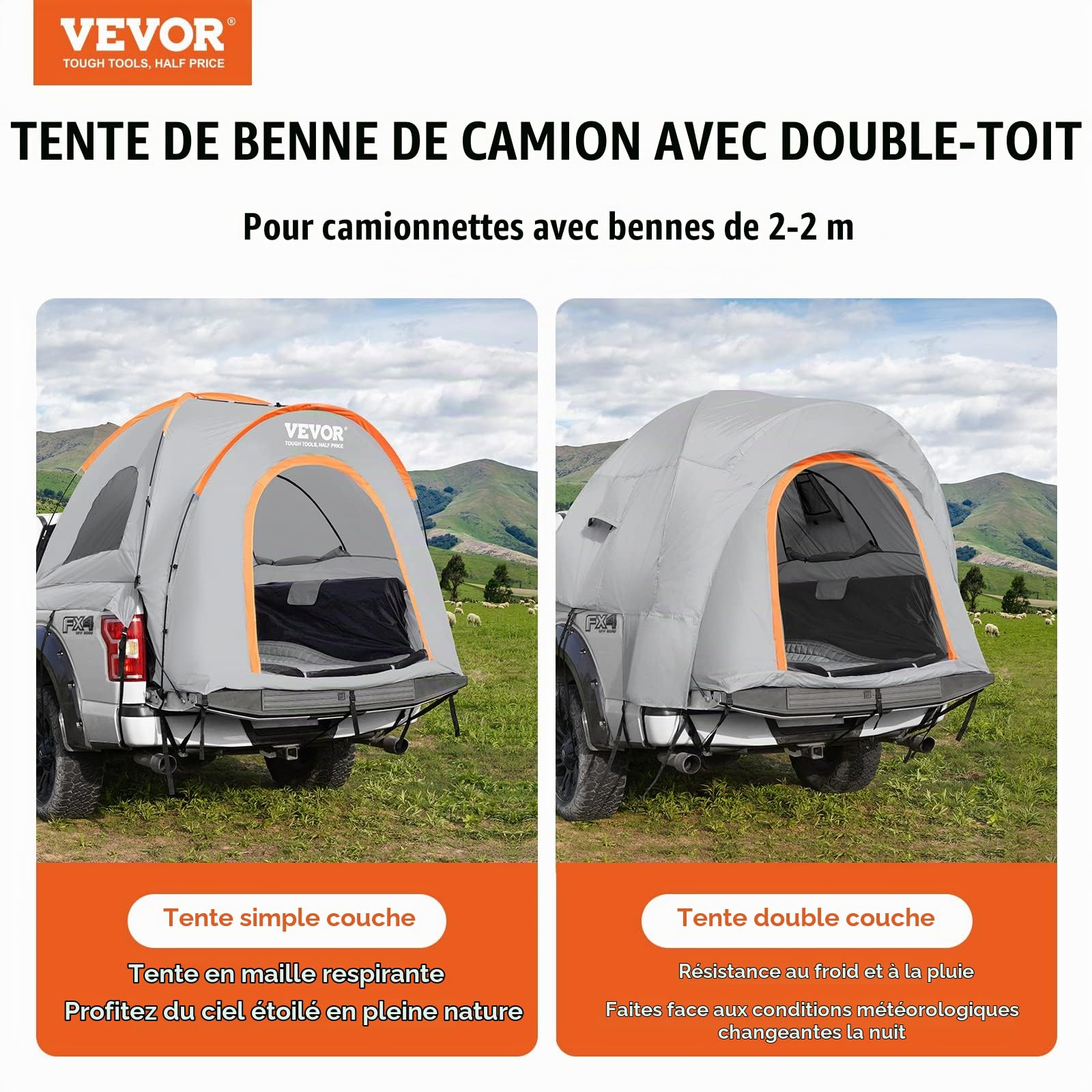 VEVOR Tente de lit pour camion, 2 à 2 m, avec couche de pluie et sac de transport, tente de camion double couche imperméable en polyuréthane 2000 mm, peut accueillir 2 à 3 personnes, pour le camping