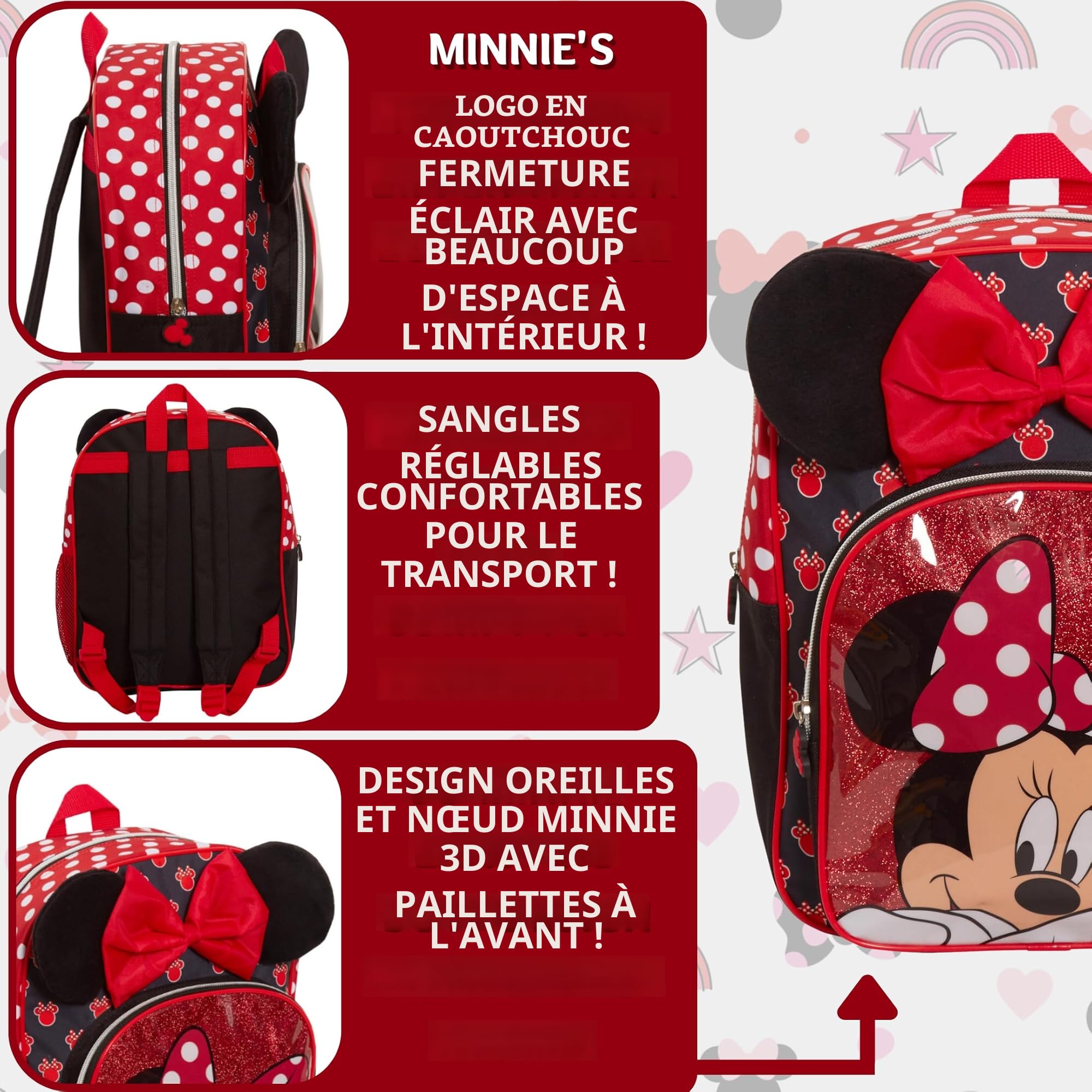 Disney Minnie Mouse Sac à dos pour filles - Sac à dos d'école de luxe - Sac à dos pour enfants - Sac à dos à déjeuner