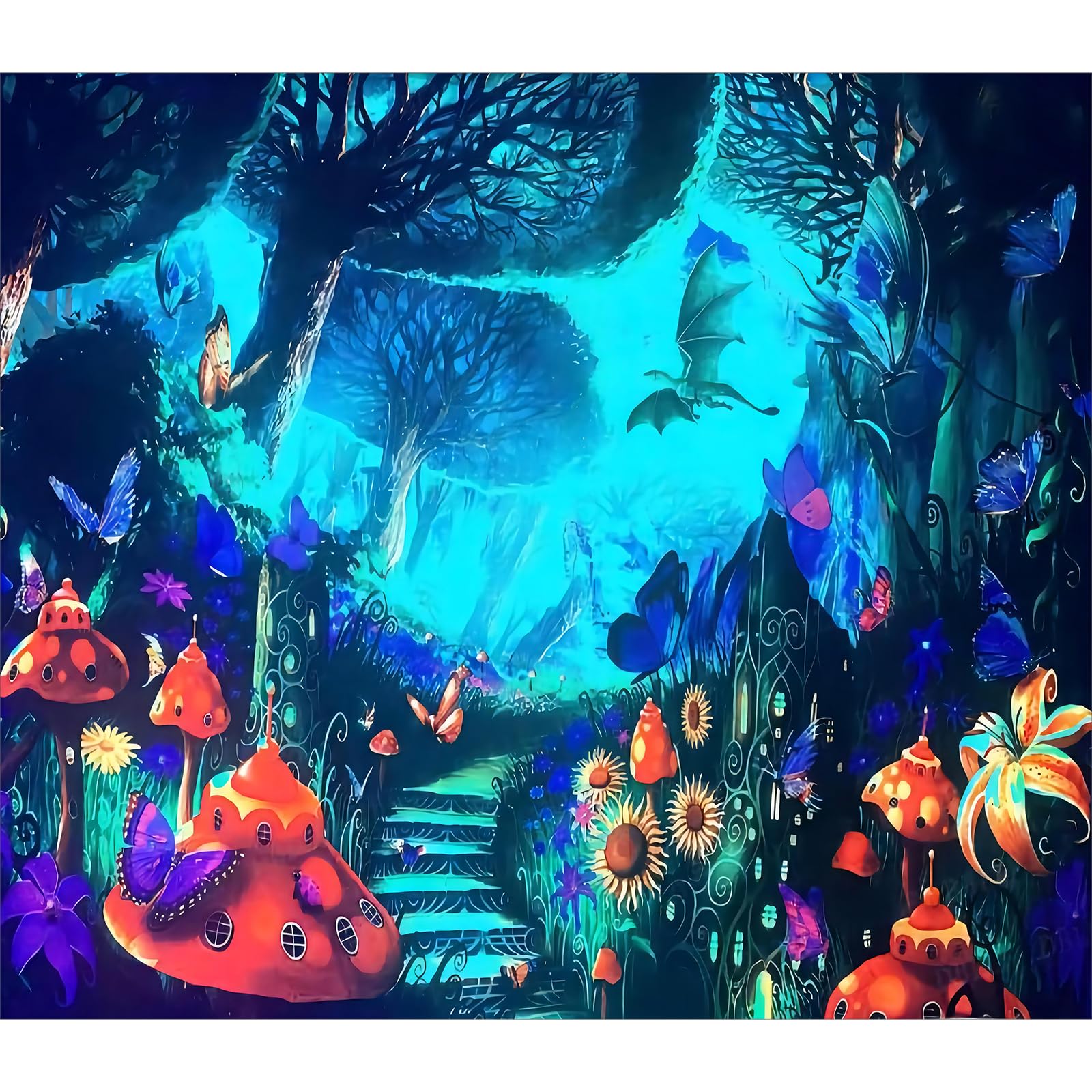 Roninkier Mushroom UV Tapestry Black Light Wall Cloth, Psychedelic Aesthetic Skeleton Nature Forest Wall Hanging for Bedroom Living Room (Mushroom 5, 150 x 100cm)