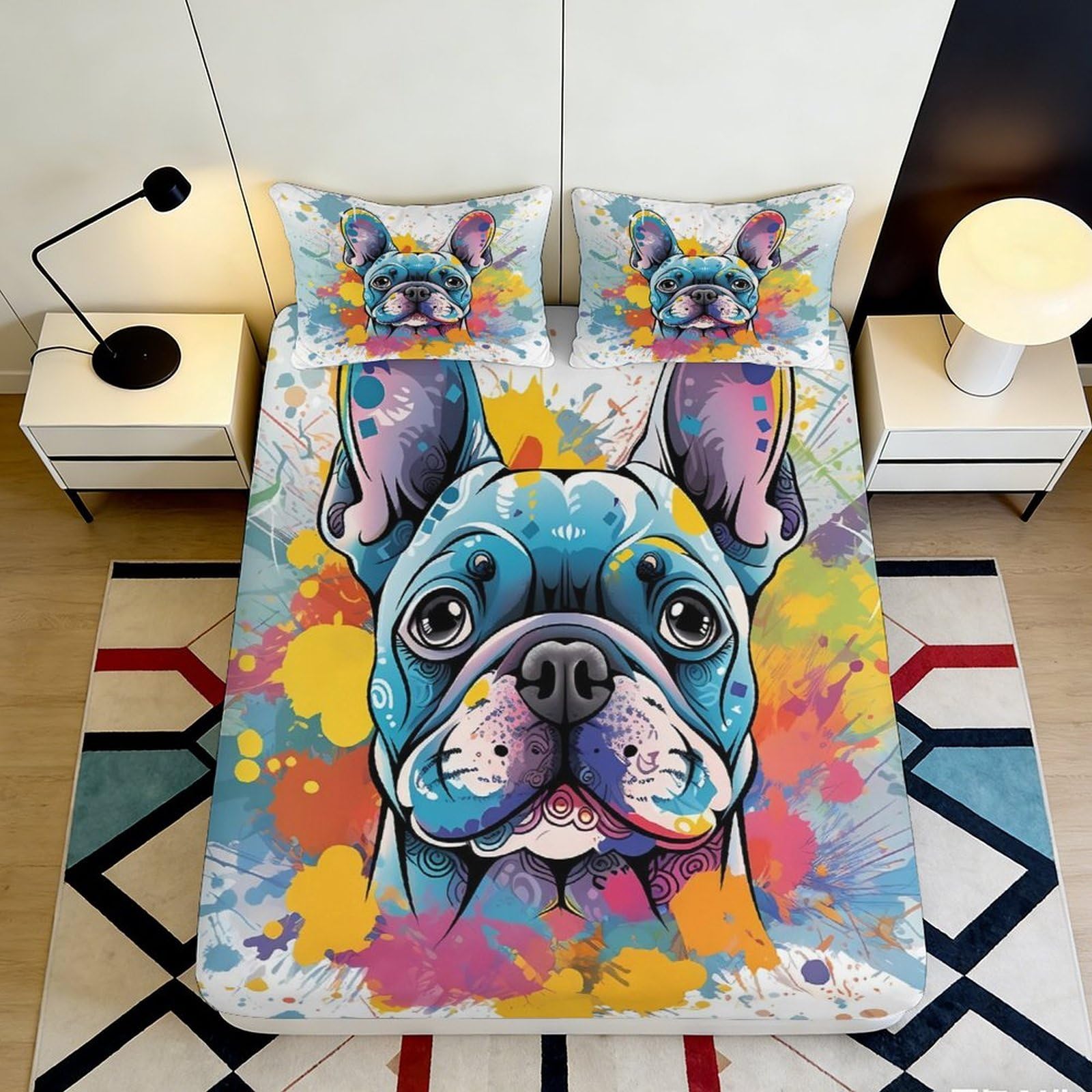 3D Printed French Bulldog Art Fitted Sheet Microfiber Color Splash Mattress Cover for Bedroom Guest Room Decor 120x200cm 180x200x25cm