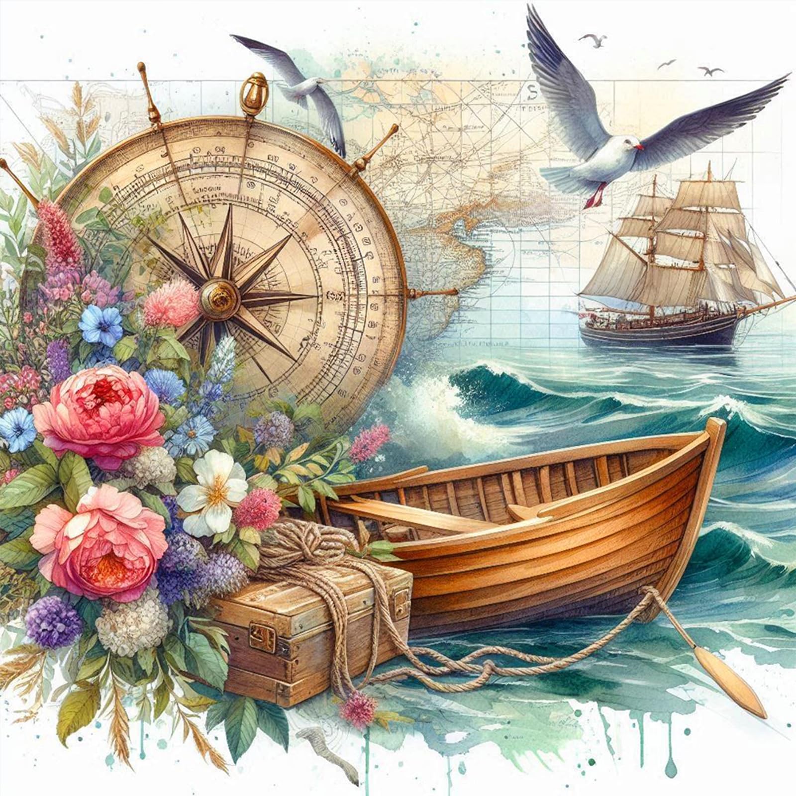 Poetrydraw Seaside Sailing Diy 5D Round Drill Diamond Art Kit For Adults & Beginners, Wall Decor, 40X40cm