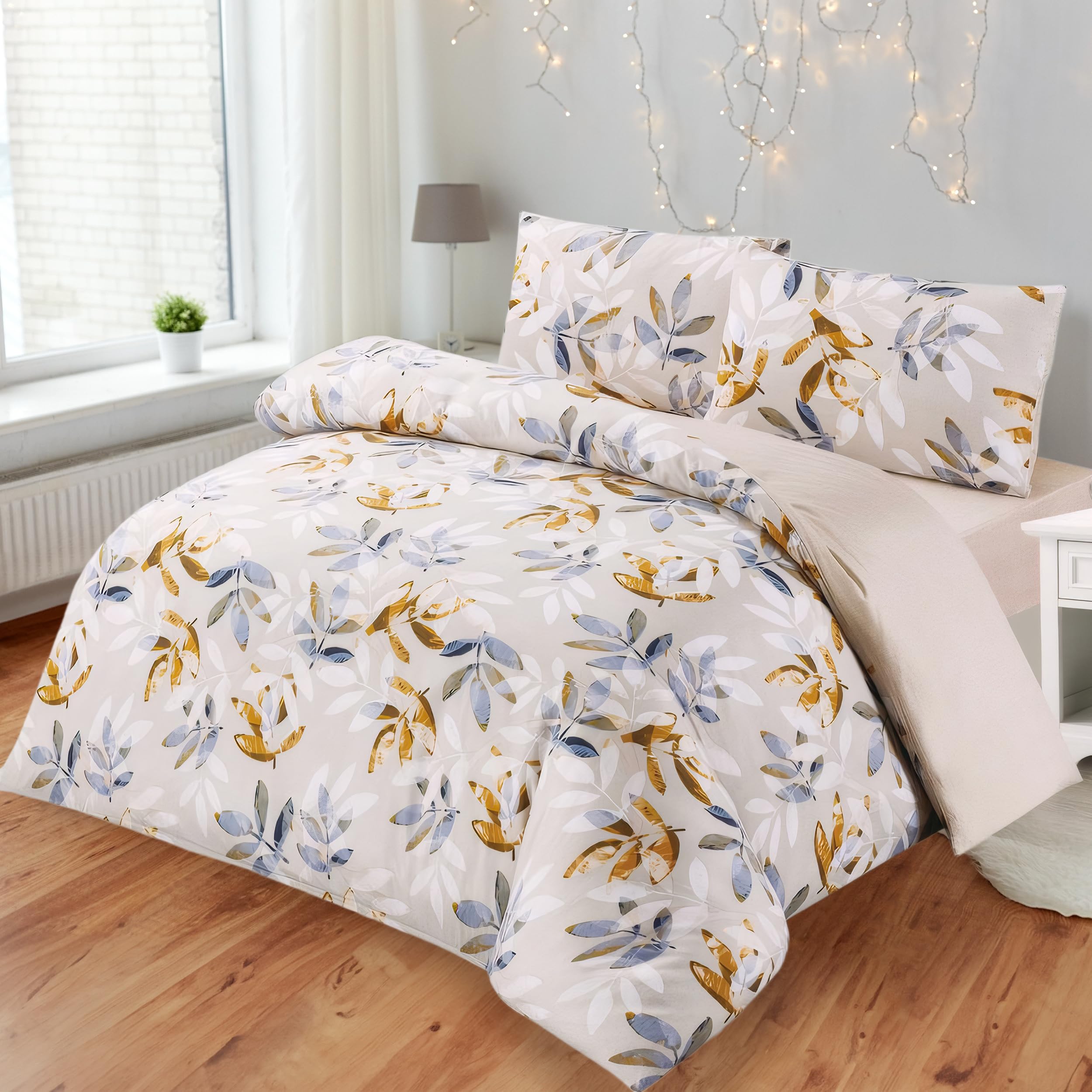 BESCH Juego de Funda Nordica Estampada 4 Piezas de Microfibra para Cama de 150 - Funda Edredon 220x240 cm, Bajera 150x200+30 cm y 2 Fundas Almohada 50x90 cm (Hoja Otoño)