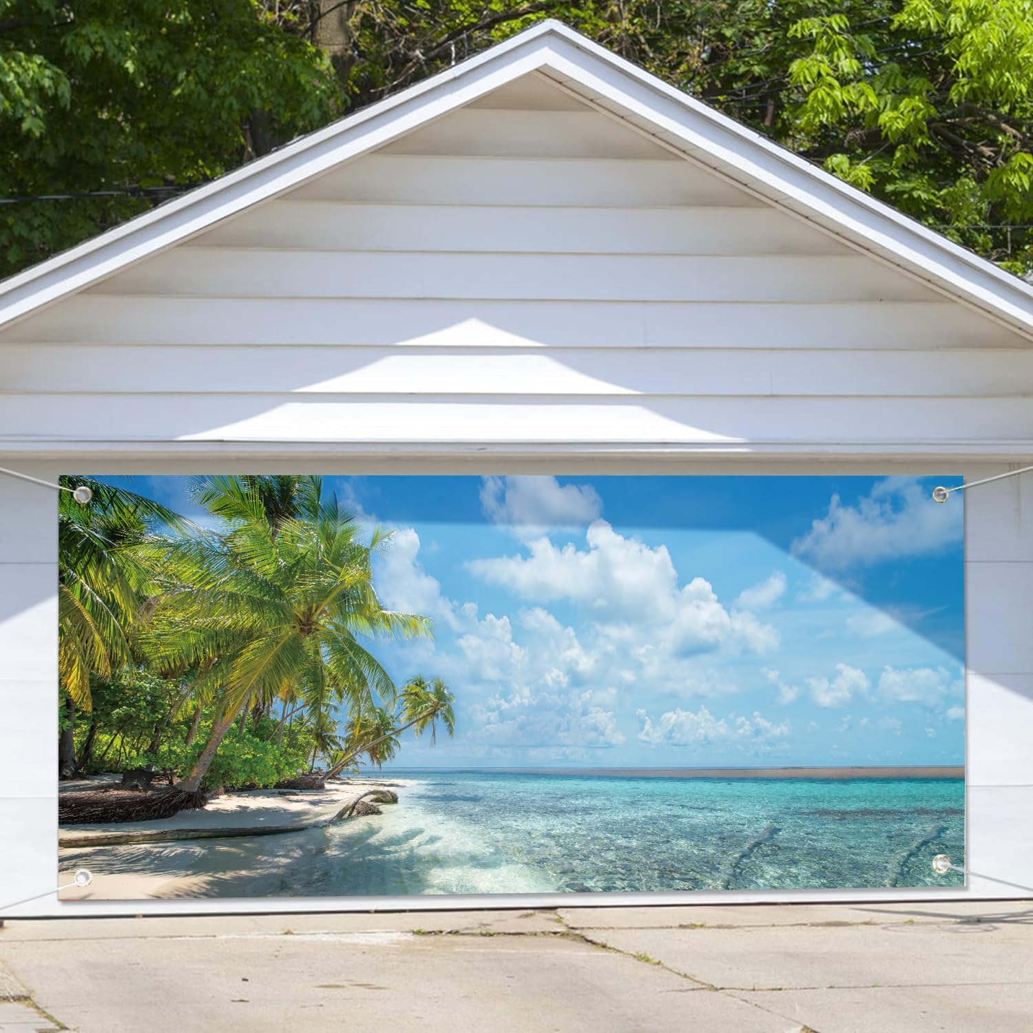 Hawaiian Garage Door Banner, Summer Tropical Beach Scenery 6 x 13 ft, Seaside Palm