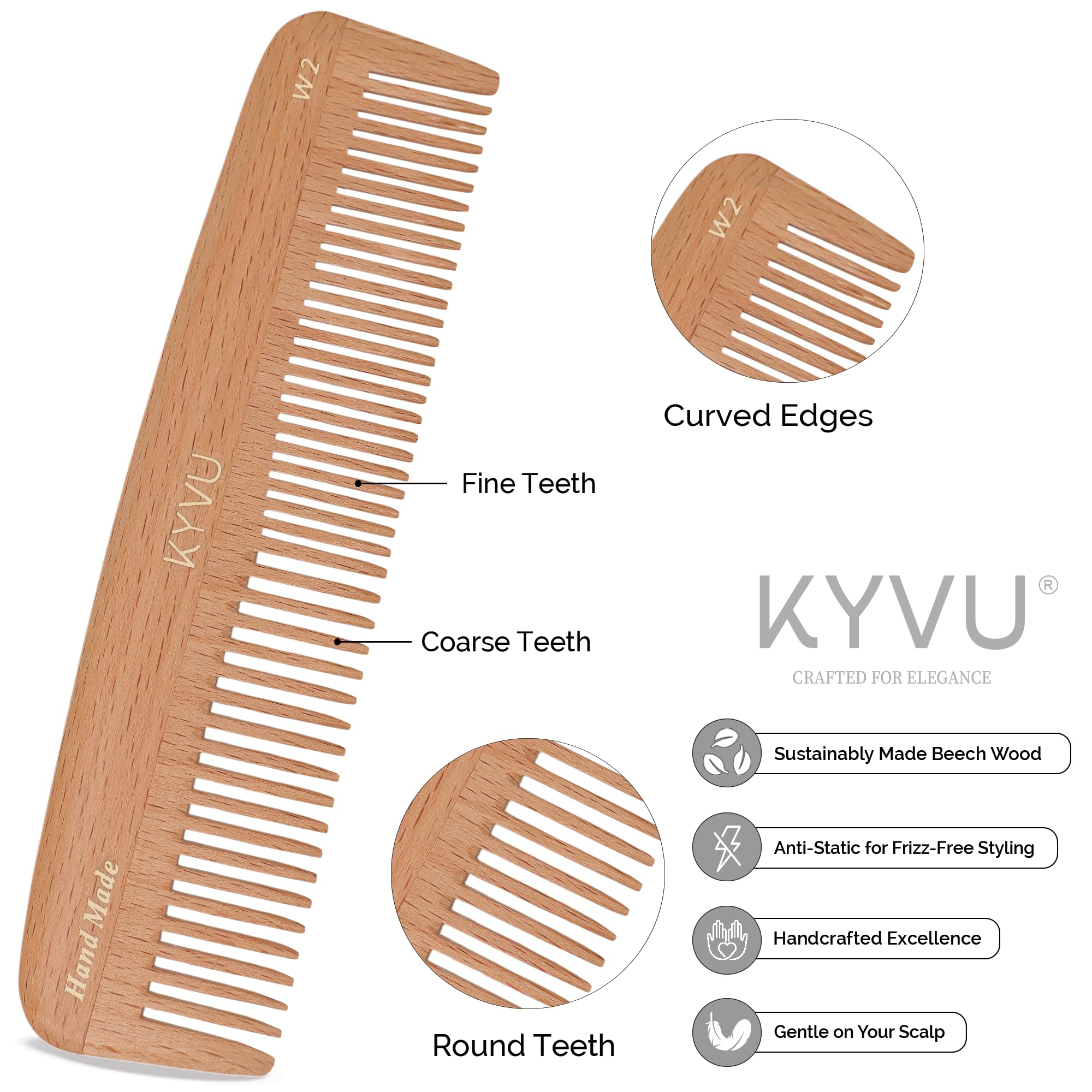 KYVU W2 Handmade 17.5 cm Dual-Tooth Wooden Comb - Steam Beech, Natural Beech, 17.5 Centimeters - Image 2