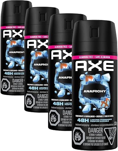 AXE Anarchy Deodorant Body Spray for 48-Hour odour protection, Pomegranate & Sandalwood, Aluminum-free Deodorant, 113g (Pack of 4)