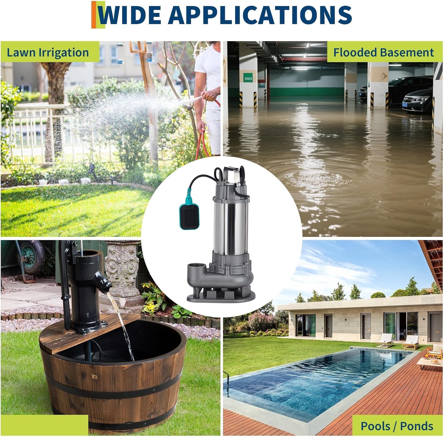 1 HP 5280 GPH Stainless Steel Submersible Sewage Pump, 50ft Max Head 110V Automatic Effluent Pump with Float Switch for Basement, Sump Basin, Wastewater Drainage