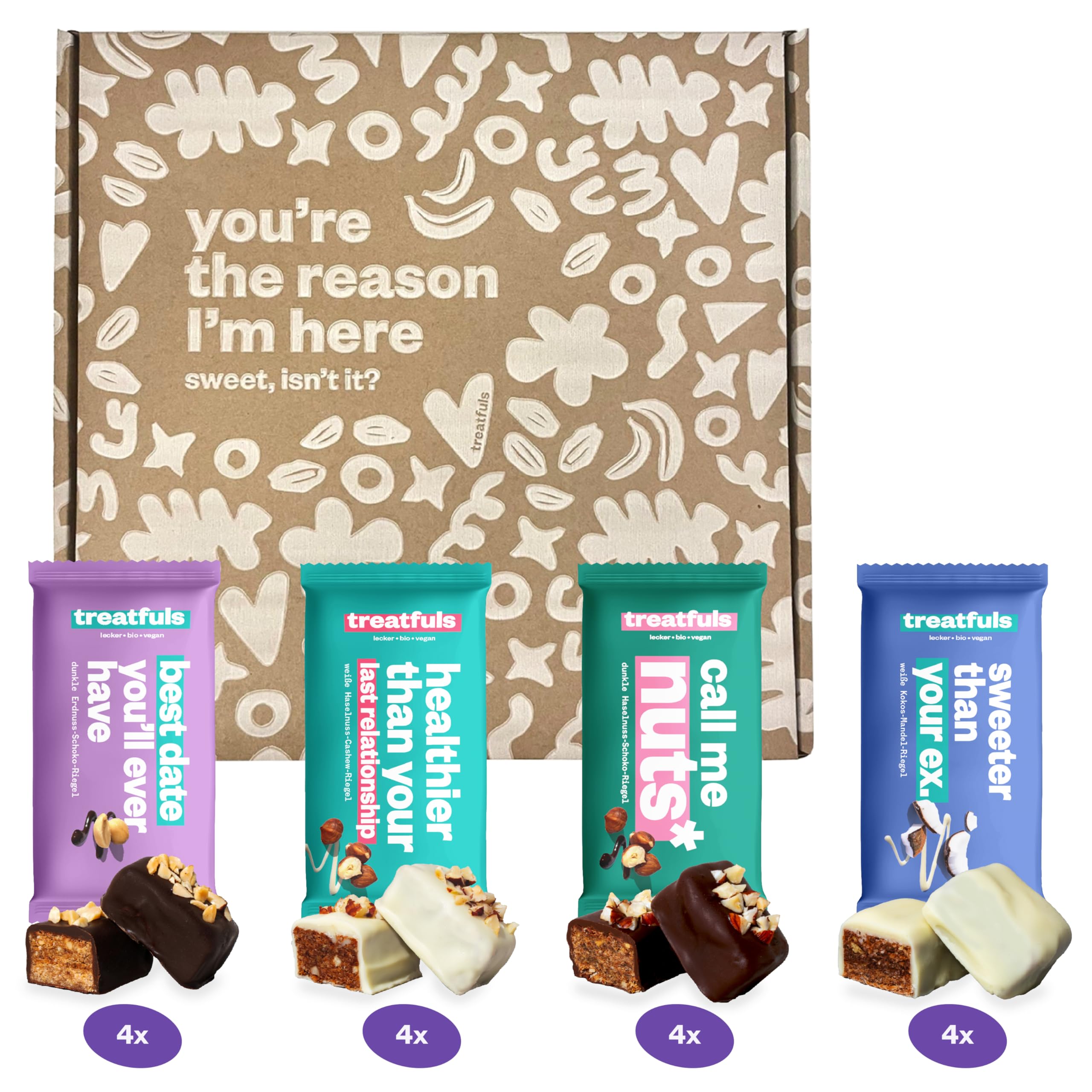 treatfuls vegane Schoko-Riegel - Probierbox - aus Datteln und Nüssen ballaststoffreich - 100% Natürlich & Fairtrade - glutenfrei - 16 x 40g
