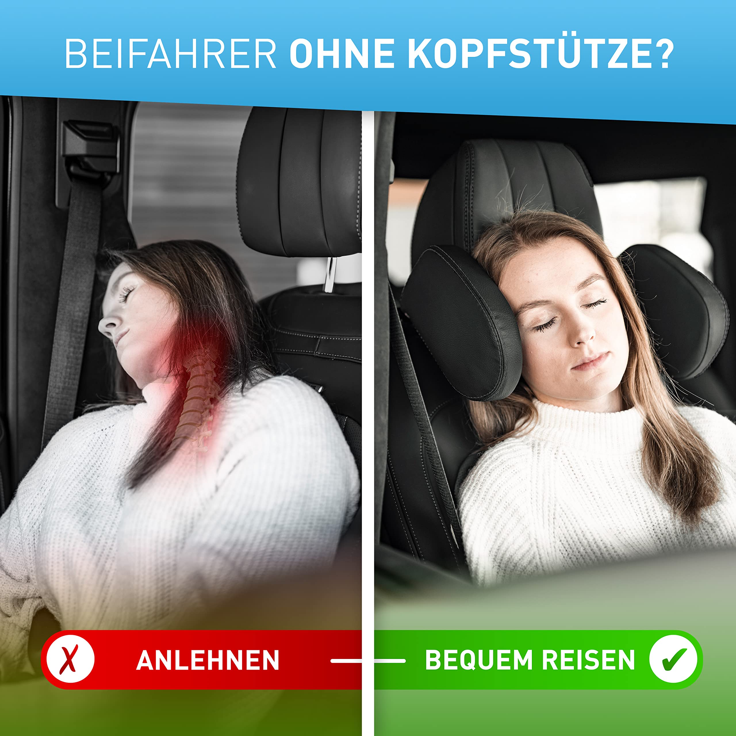 FLIPLINE Kopfstütze Auto Kinder Schwarze Nähte - Bequemes Reisefeeling für Kinder & Erwachsene - Installation in 2 Minuten ohne Schraubenzieher - Nackenstütze Nackenkissen Autokissen Auto Nackenkissen - 3