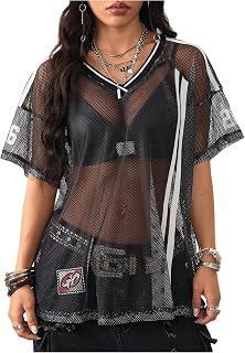 BEAUDRM Women's Jersey Shirts Striped Letter Print Oversized Sheer T Shirt Short Sleeve Going Out Tops
